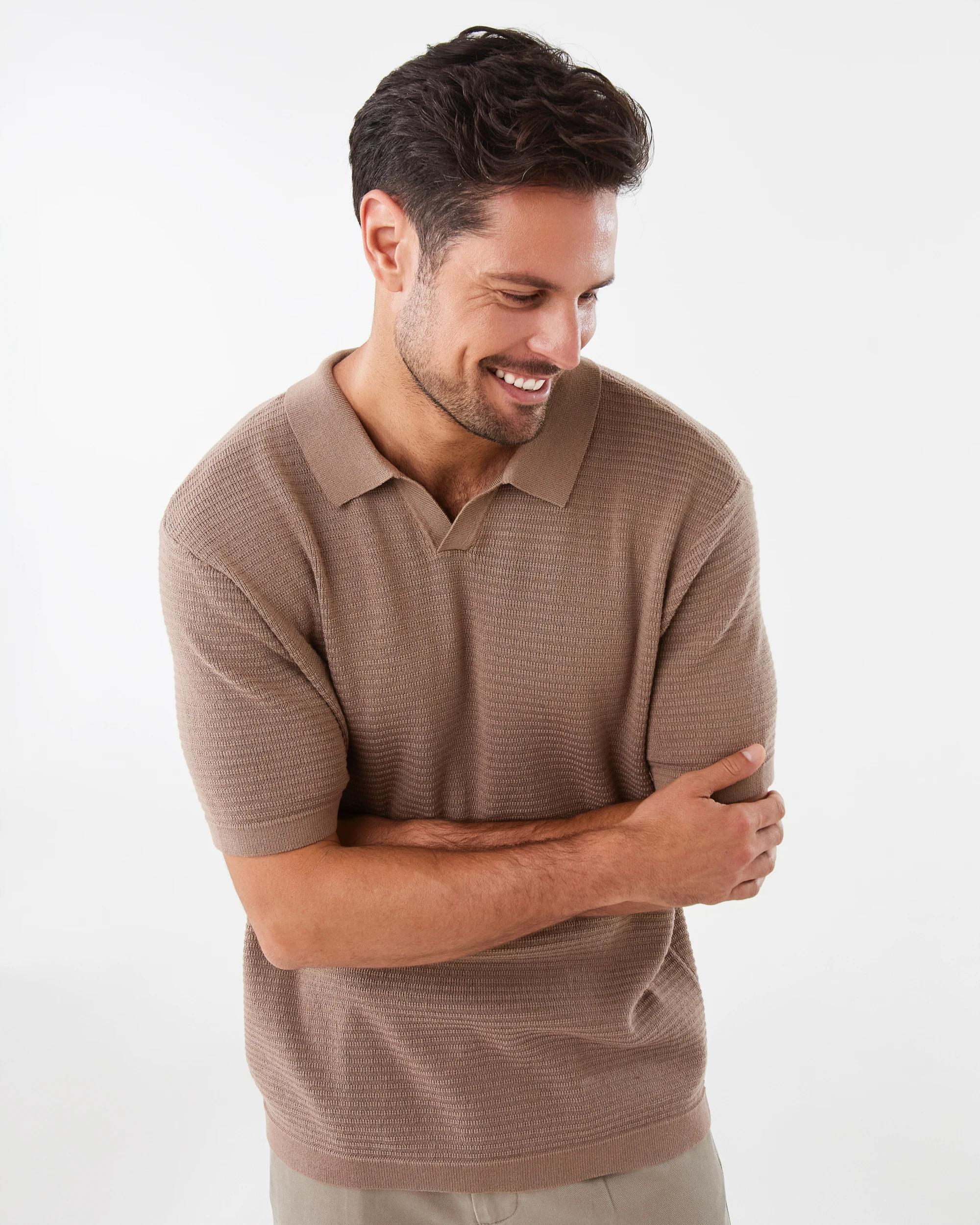 5 True Knit Textured Polo Shirt Brn Toffee, 5 of 8