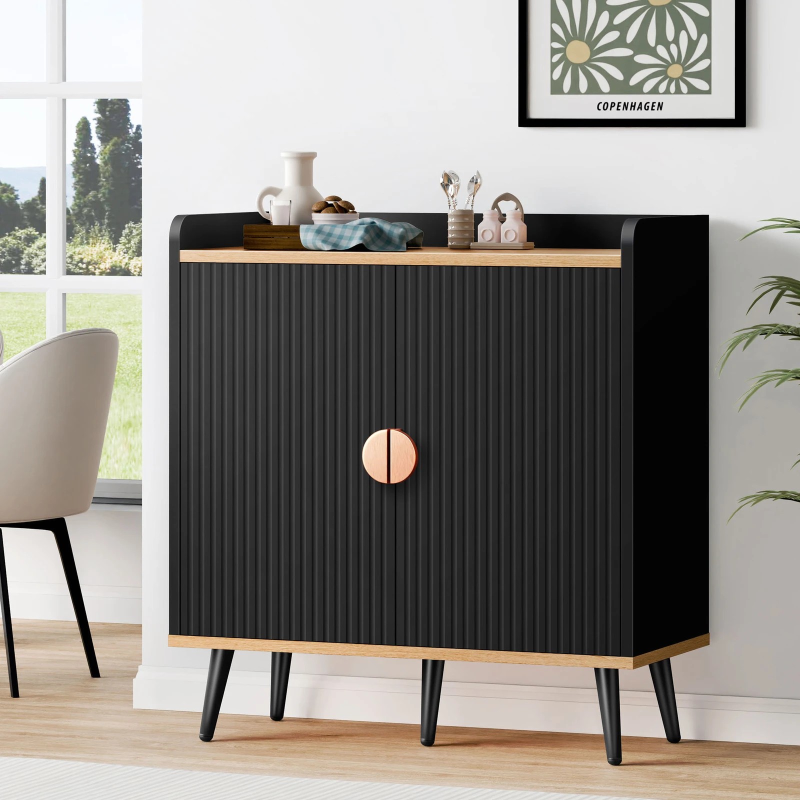 2 Alfordson Buffet Sideboard Cupboard Cabinet Storage Kitchen Hallway Doors - Black, 2 of 10