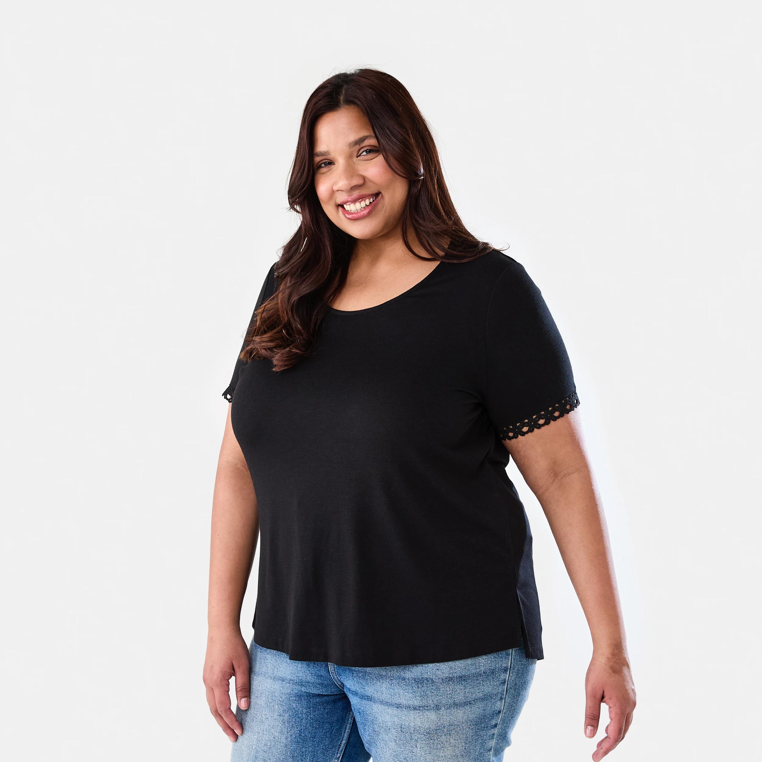 2 Curve Short Sleeve Boho Trim Top BLACK, 2 of 7