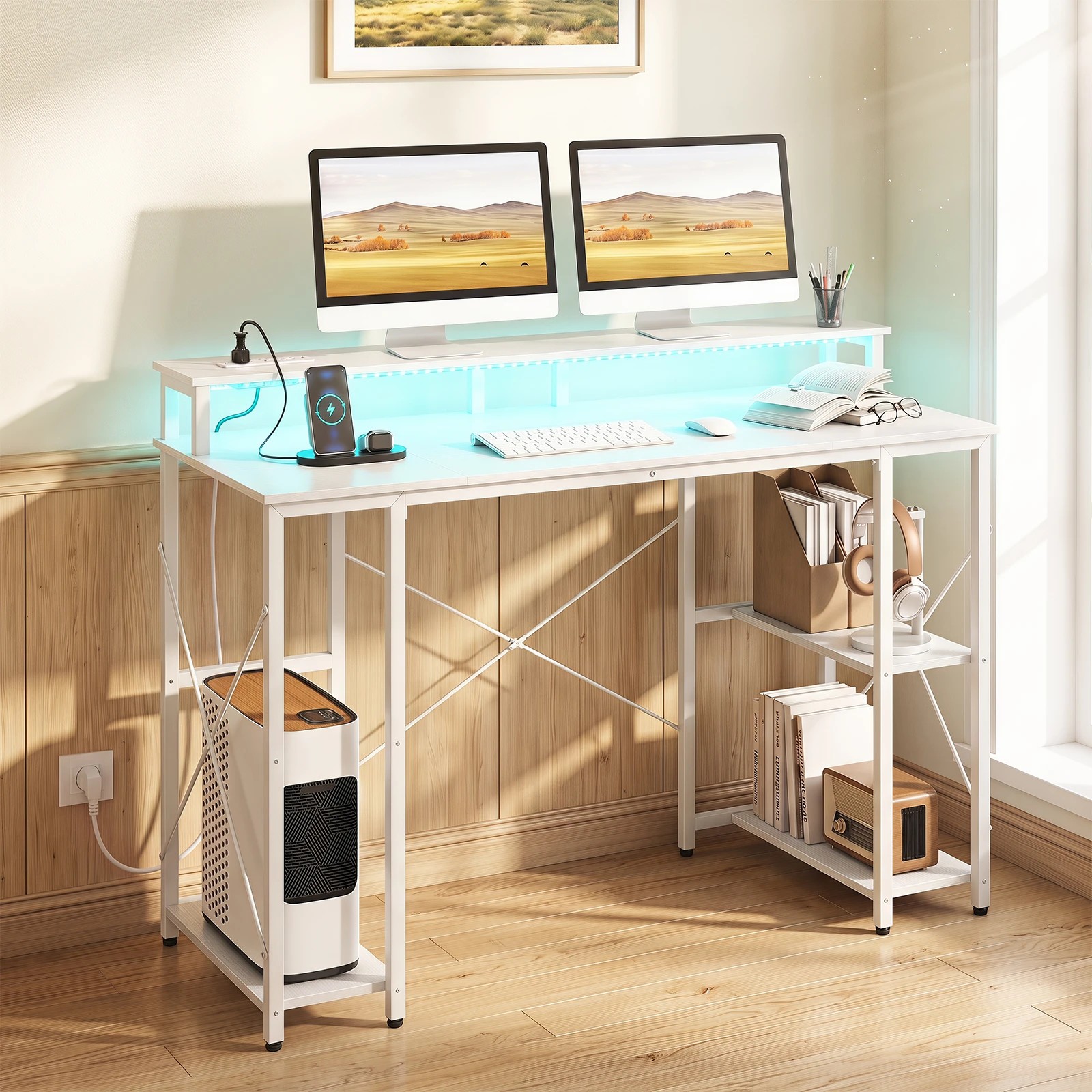 3 Costway 120cm Computer Desk w/Charging Station & LEDs Workstation Gaming Table - White, 3 of 5