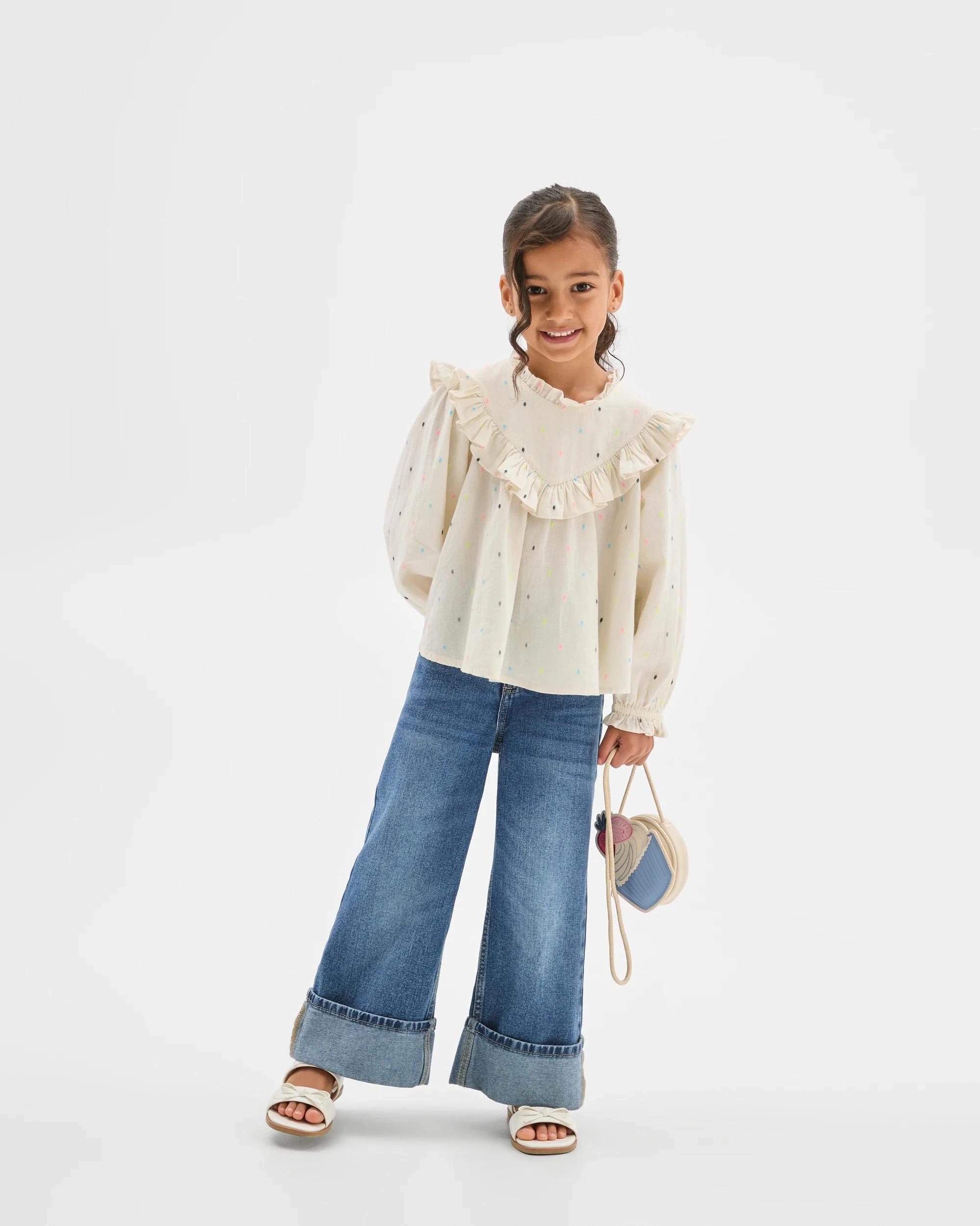 1 Target Kids Long Sleeve Fashion Woven Frill Blouse CREAM, 1 of 6