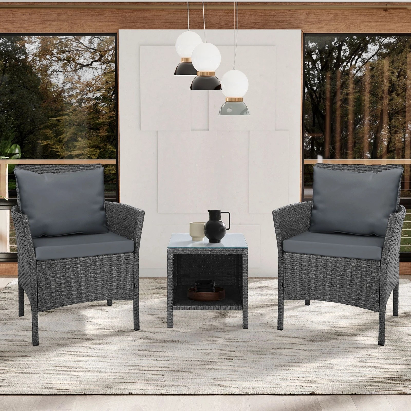 5 Alfordson Outdoor Furniture 3PCS Wicker Bistro Set Patio Chairs Table With Pillow - Dark Grey, 5 of 9