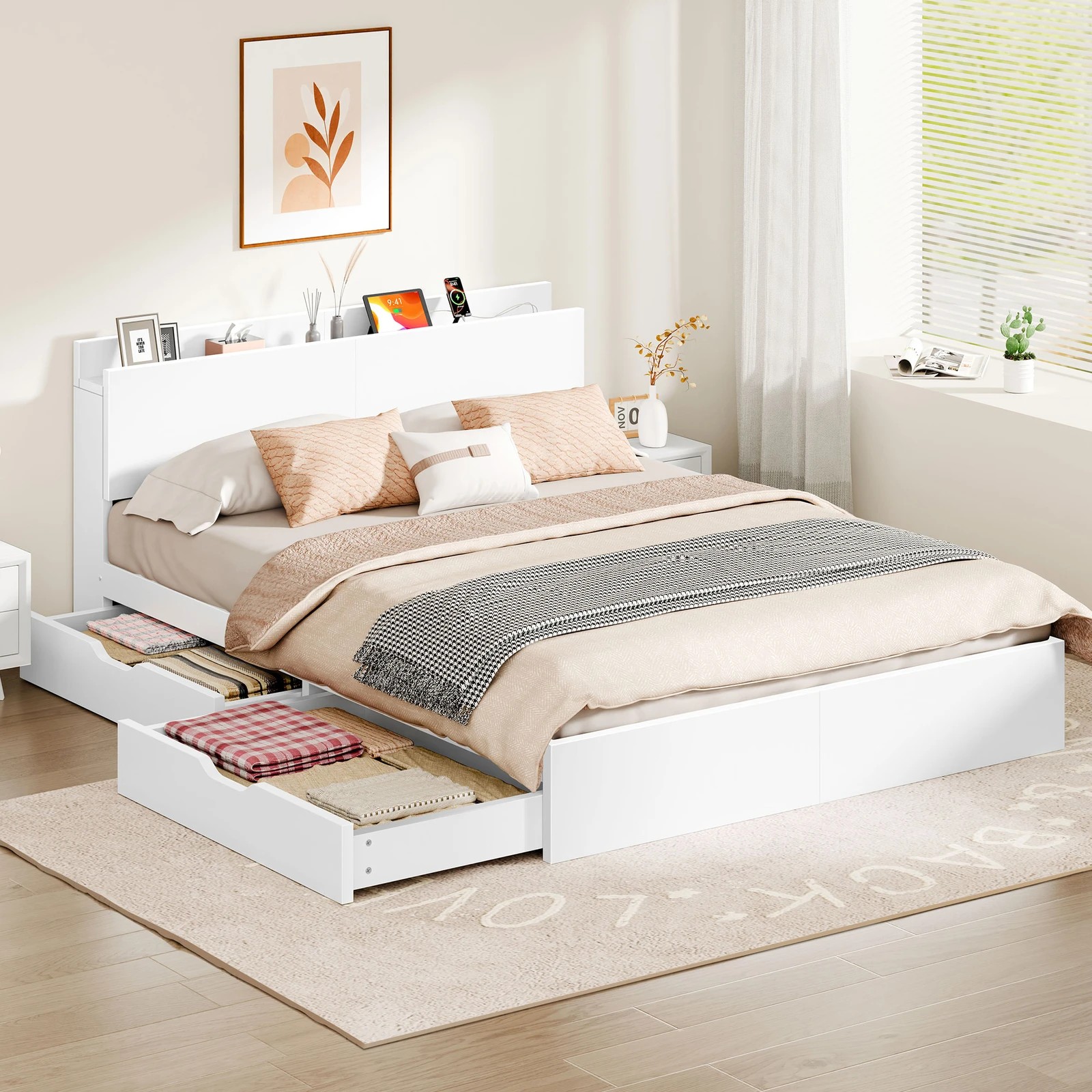 2 Alfordson Wooden Bed Frame Queen Size with Charging Station & 2 Drawers - White, 2 of 10