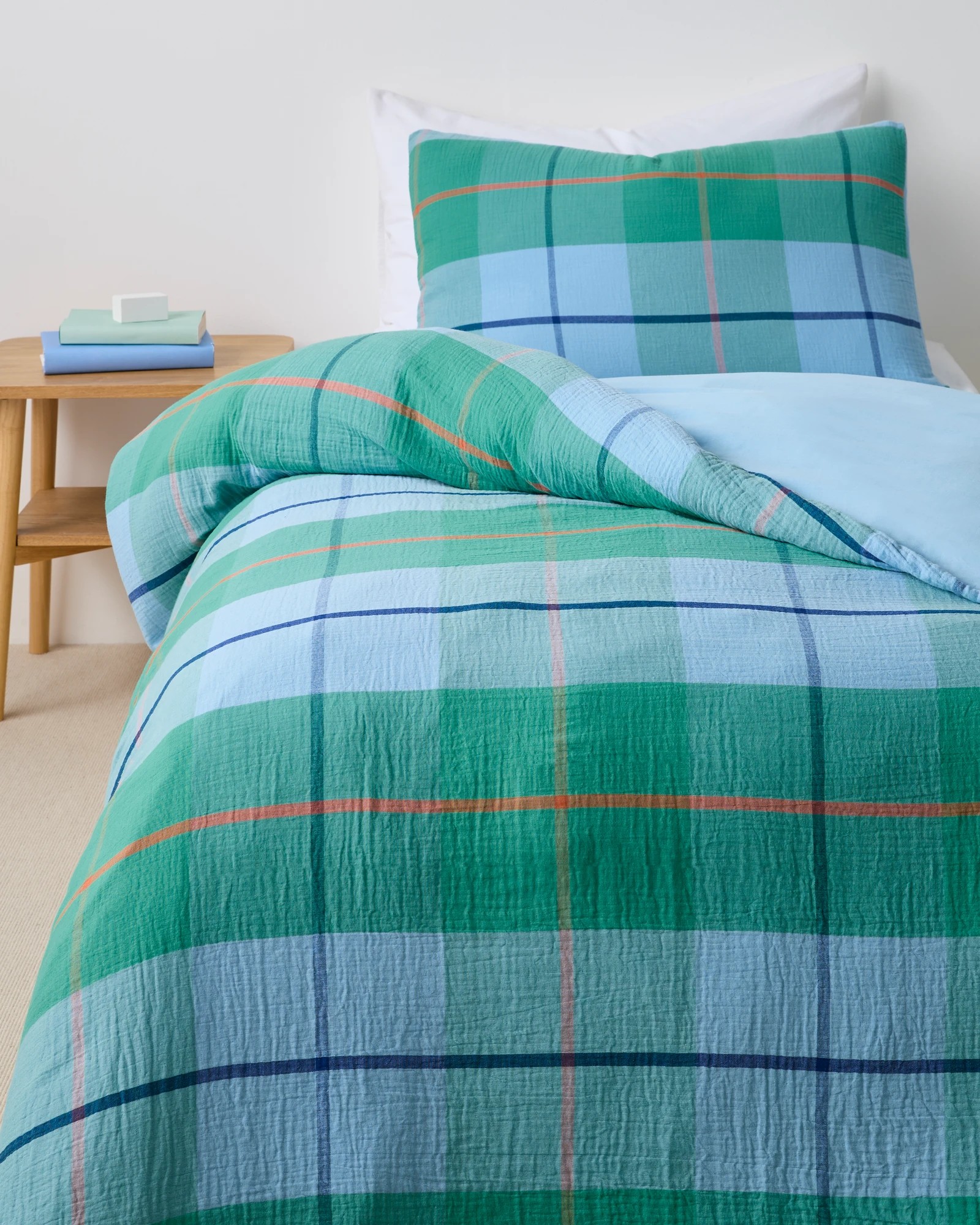 1 Target Finno Check Muslin Quilt Cover Set — Australian Cotton, Single, Green
 - Single Bed
 - Green, 1 of 3