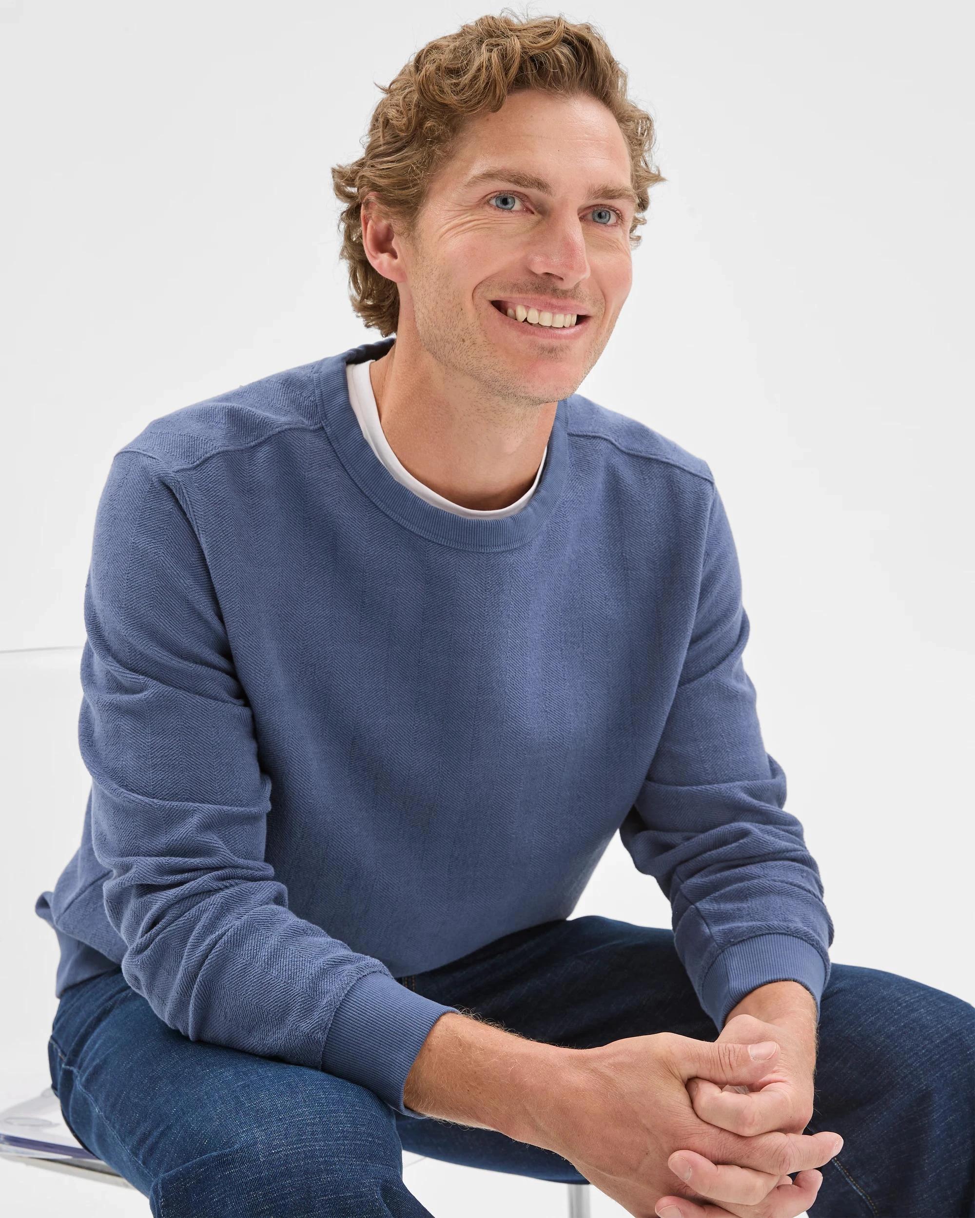 2 Target Man Australian Cotton Herringbone Long Sleeve Crew Neck Fleece Top BLUE STONE, 2 of 6