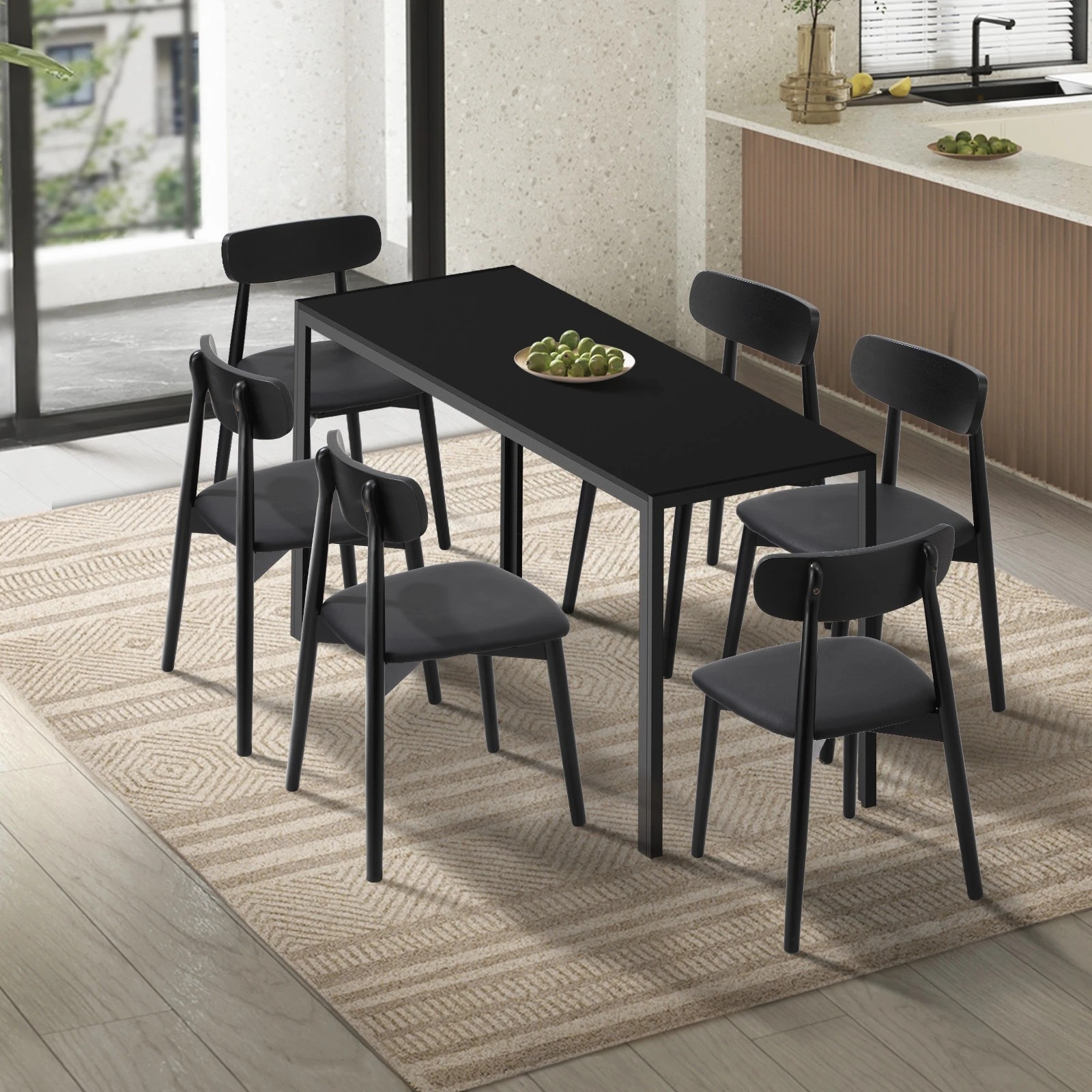 3 Oikiture 1.4m Dining Table Set with 6PCS Wooden Chairs PU Leather - Black, 3 of 9