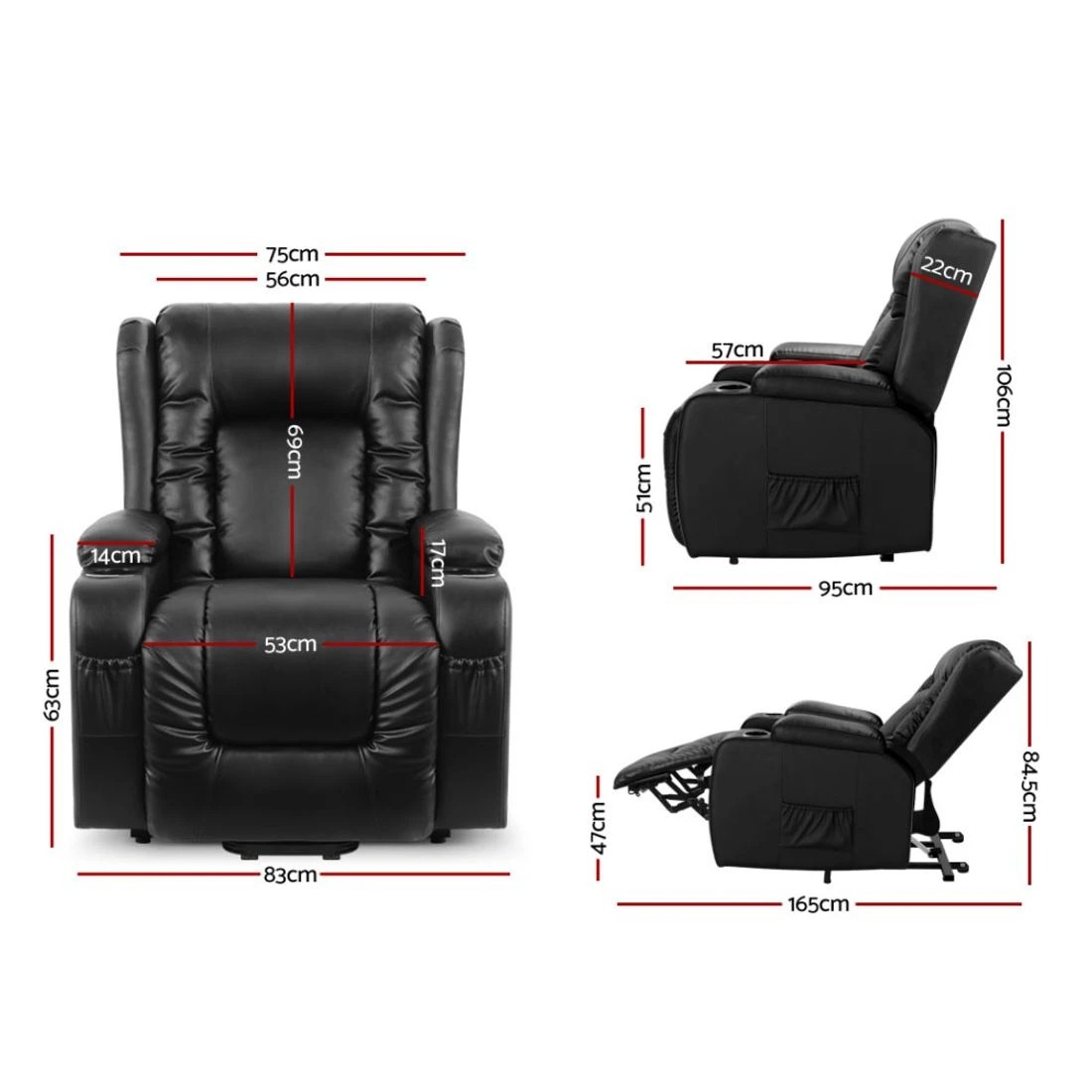 2 Artiss Recliner Chair Lift Assist Heated Massage Chair Leather - Black, 2 of 7