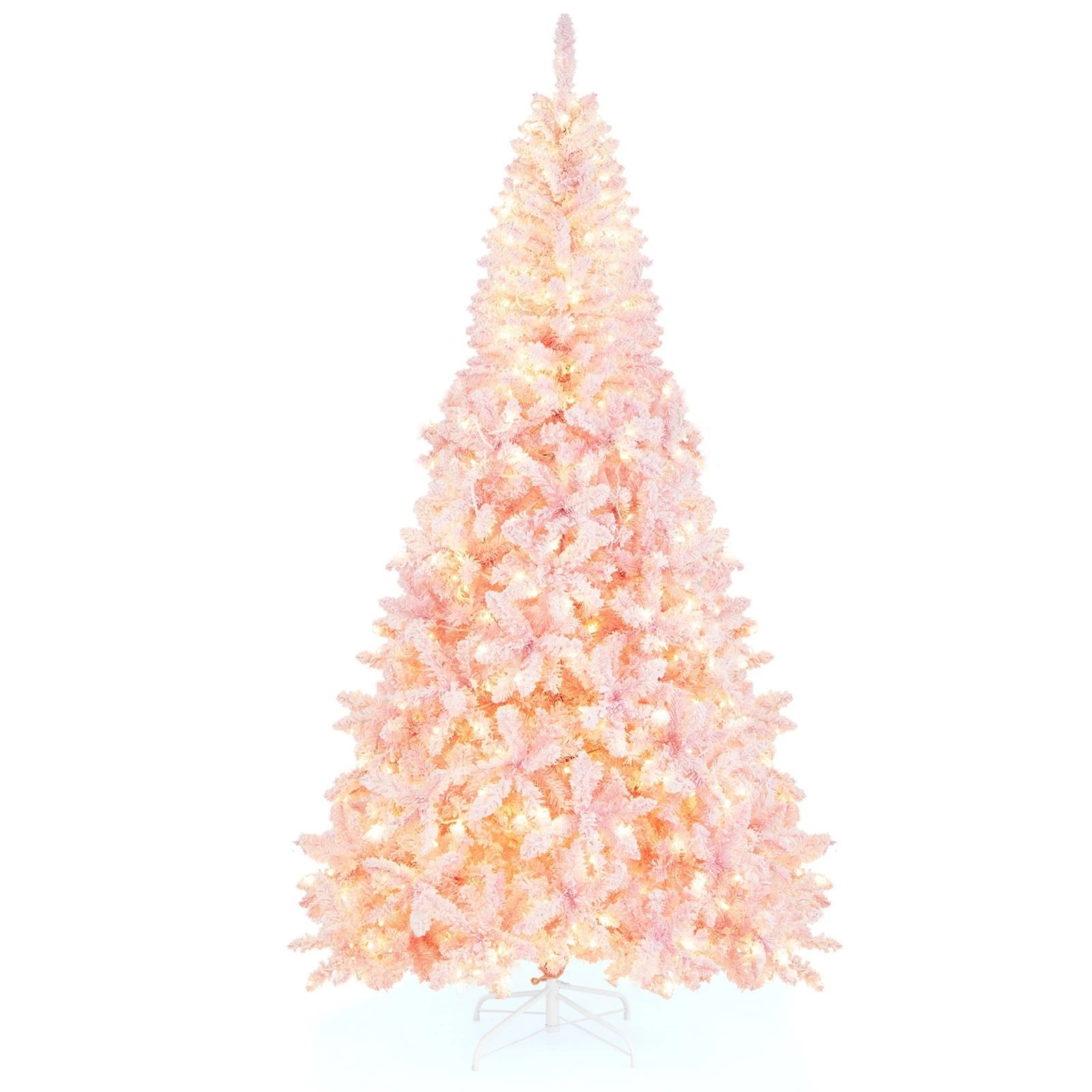1 Costway 2.2M (7.5ft) Pink Snow Flocked Christmas Tree w/8 Lighting Modes, 1 of 2