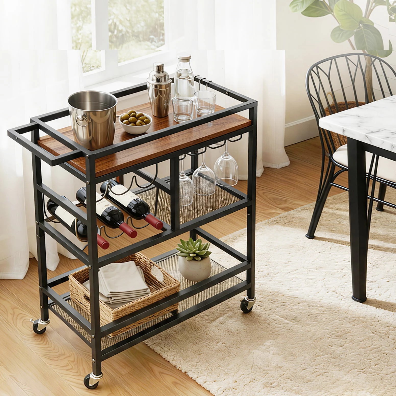 4 Artiss Bar Cart Drinks Trolley Serving Wine Rack Glass Holder 3 Hooks - Black, 4 of 8