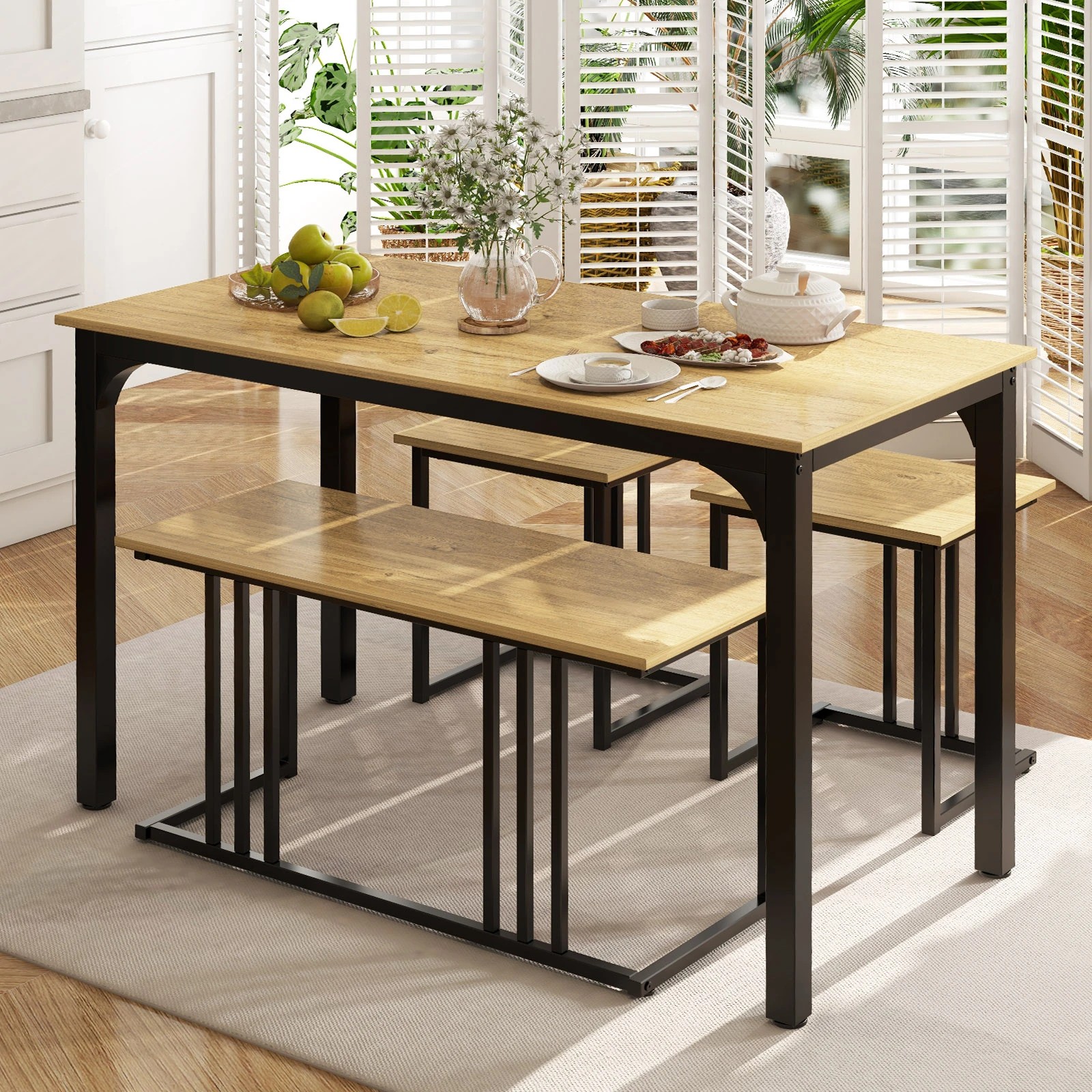 2 Costway 4PCS Dining Table Chair Set Industrial Metal Frame Table Bench & Stool - Natural, 2 of 4