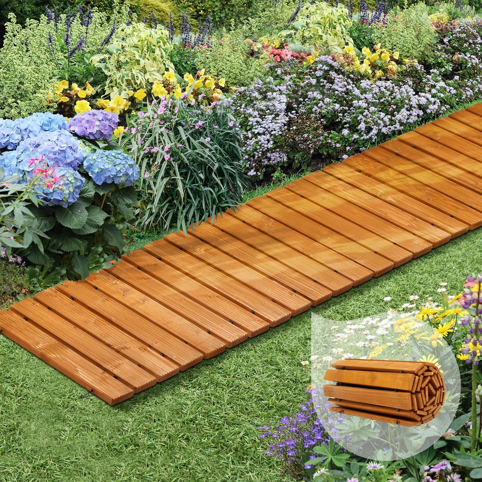 3 Livsip Garden Wooden Pathway 8ft Straight Roll-Out Wood Walkway Outdoor Backyard - Natural, 3 of 9