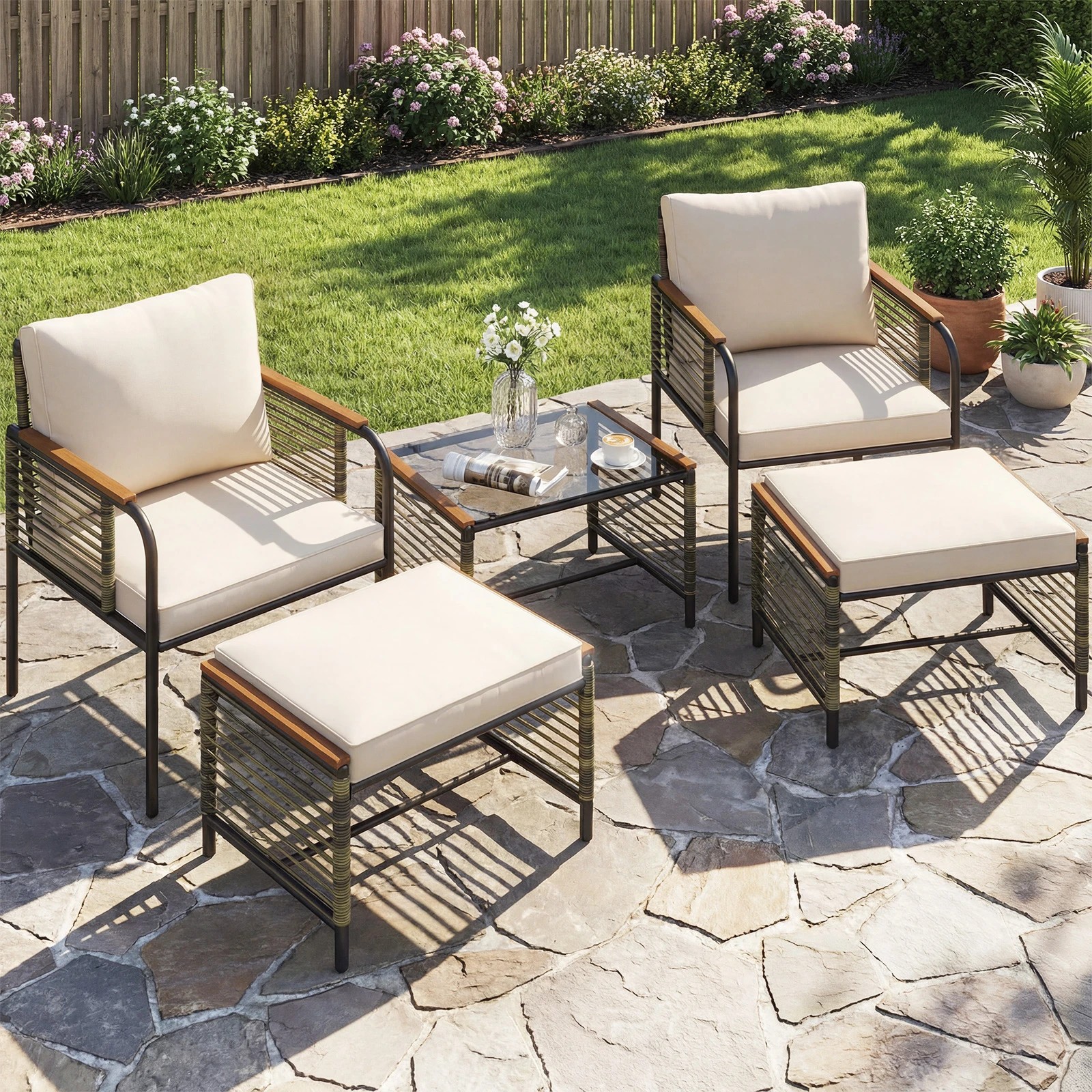 2 Costway 5 PCS Patio Rattan Wicker Furniture Set w/2 Chairs 2 Ottomans Glass Coffee Table, 2 of 2