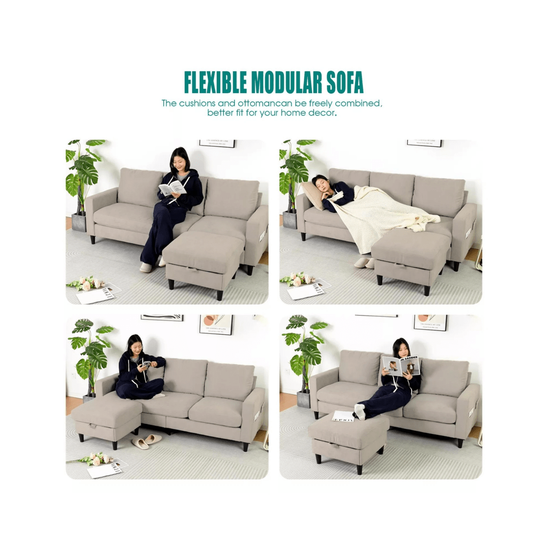 2 Advwin 3 Seater Sofa Modular Lounge Chaise Set With Storage Ottoman Beige, 2 of 10