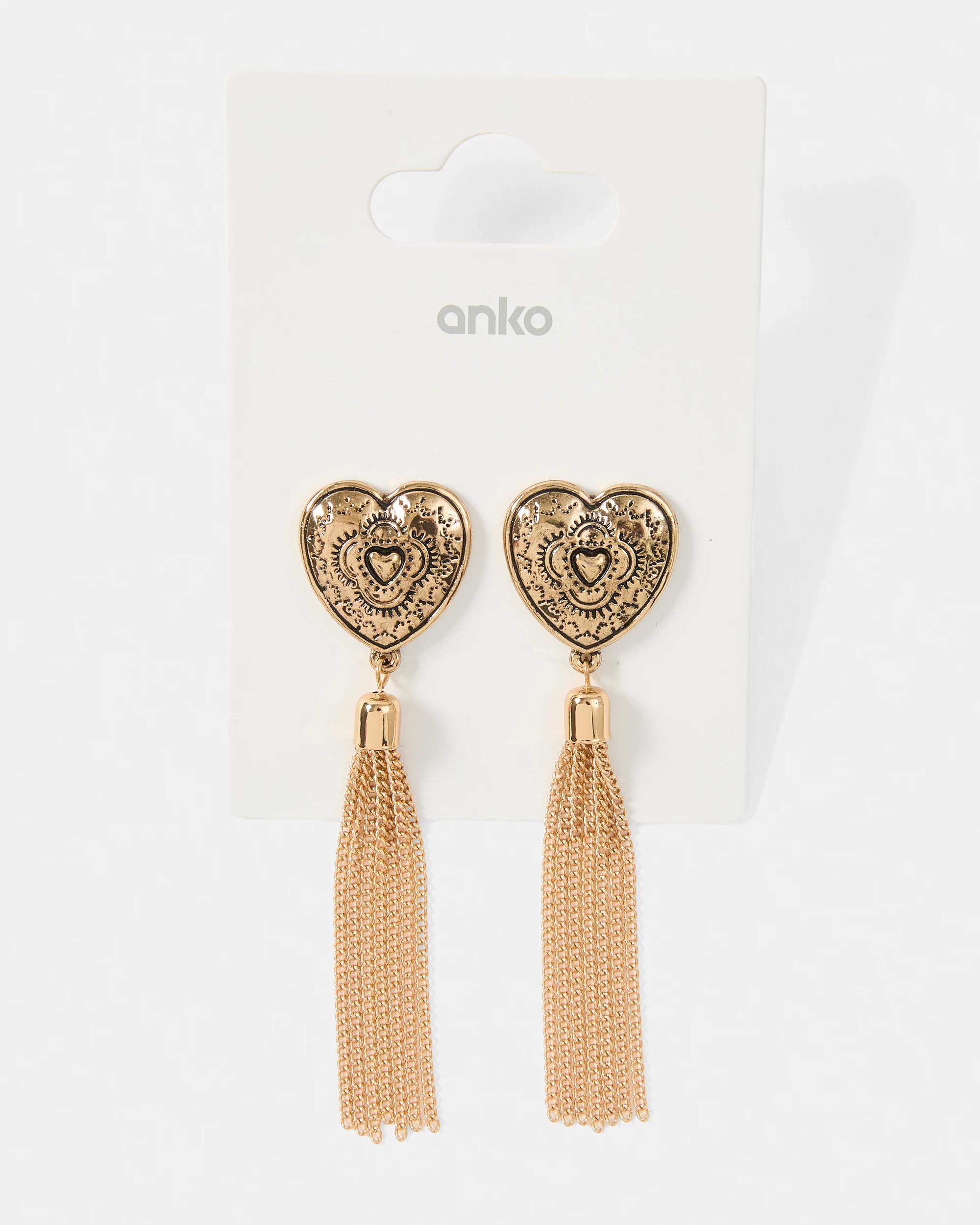 4 Tassel Heart Stud Earrings - Gold Tone Gold, 4 of 4
