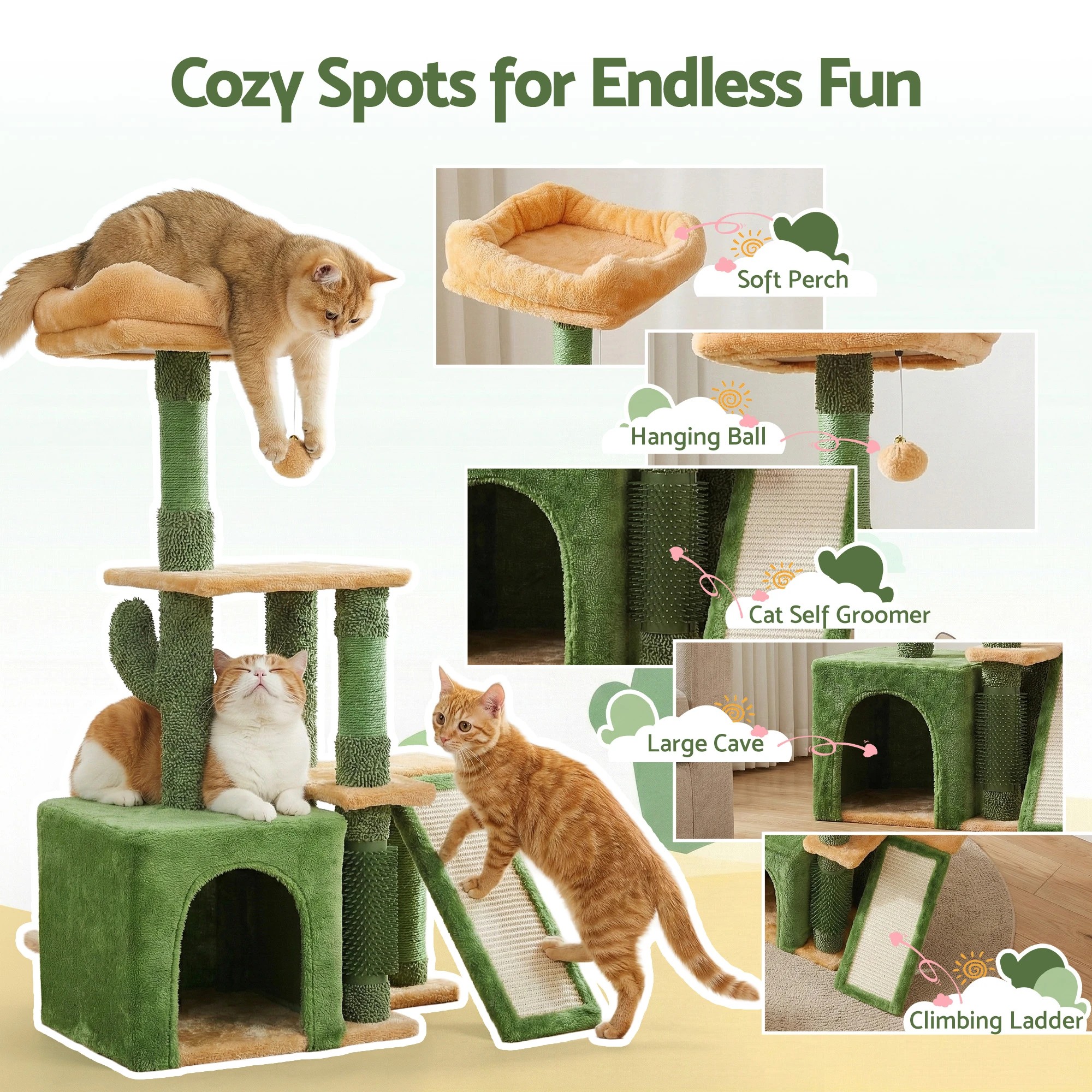 3 i.Pet Cat Tree Tower 101cm Scratching Post Furniture Scratcher House - Green, 3 of 7