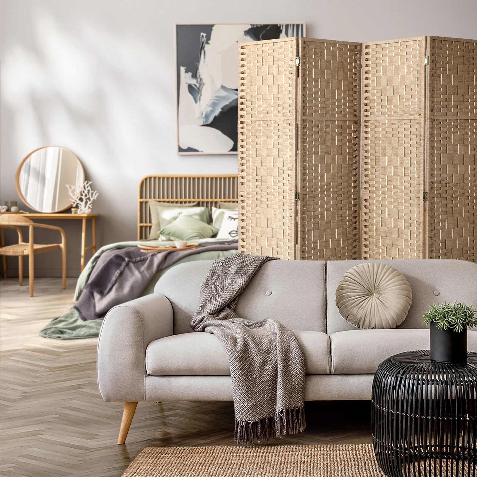 4 Oikiture 4 Panel Room Divider Screen Privacy Dividers - Natural, 4 of 10