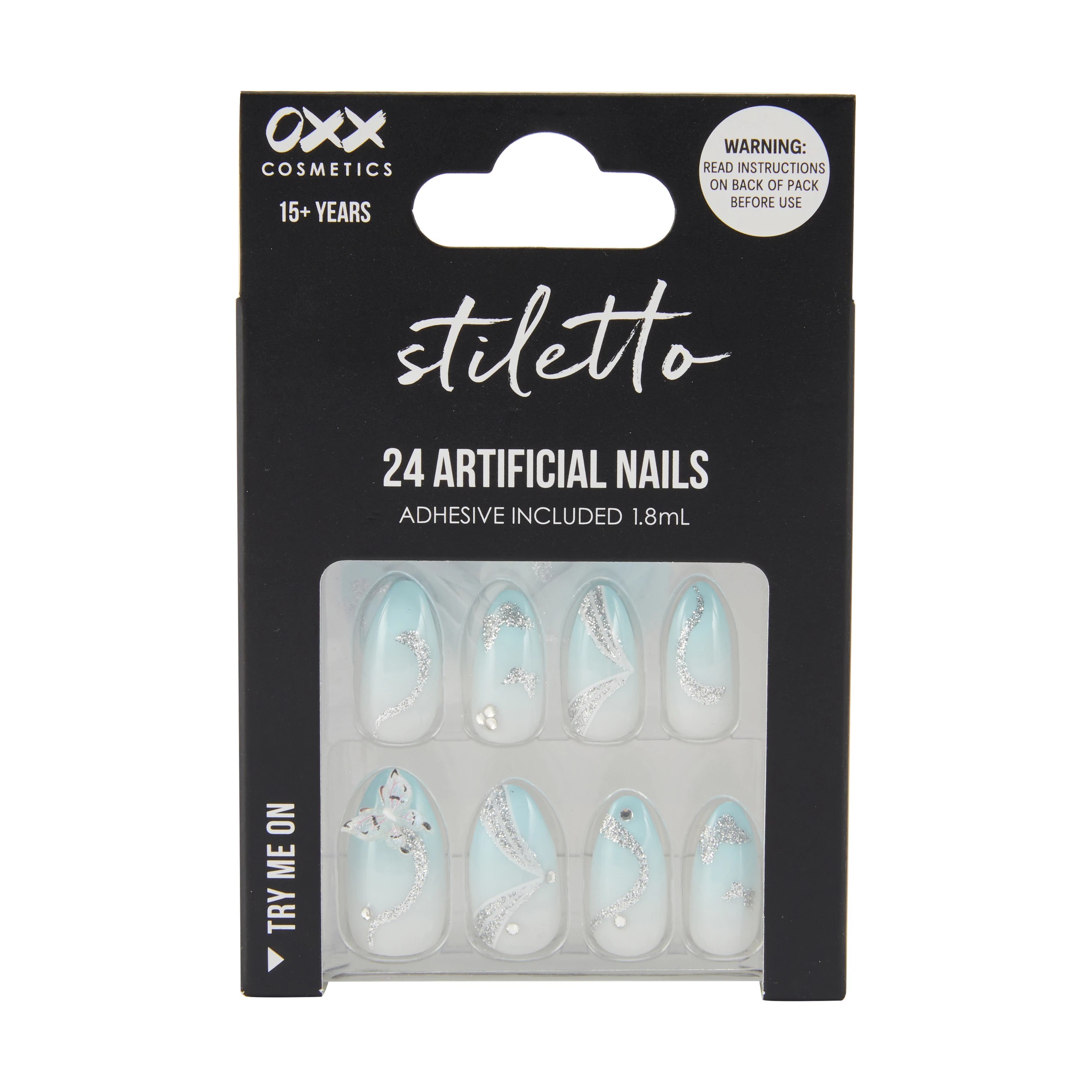 1 OXX Cosmetics 24 Pack Artificial Nails with Adhesive - Stiletto Shape, Butterfly Dusk, 1 of 4