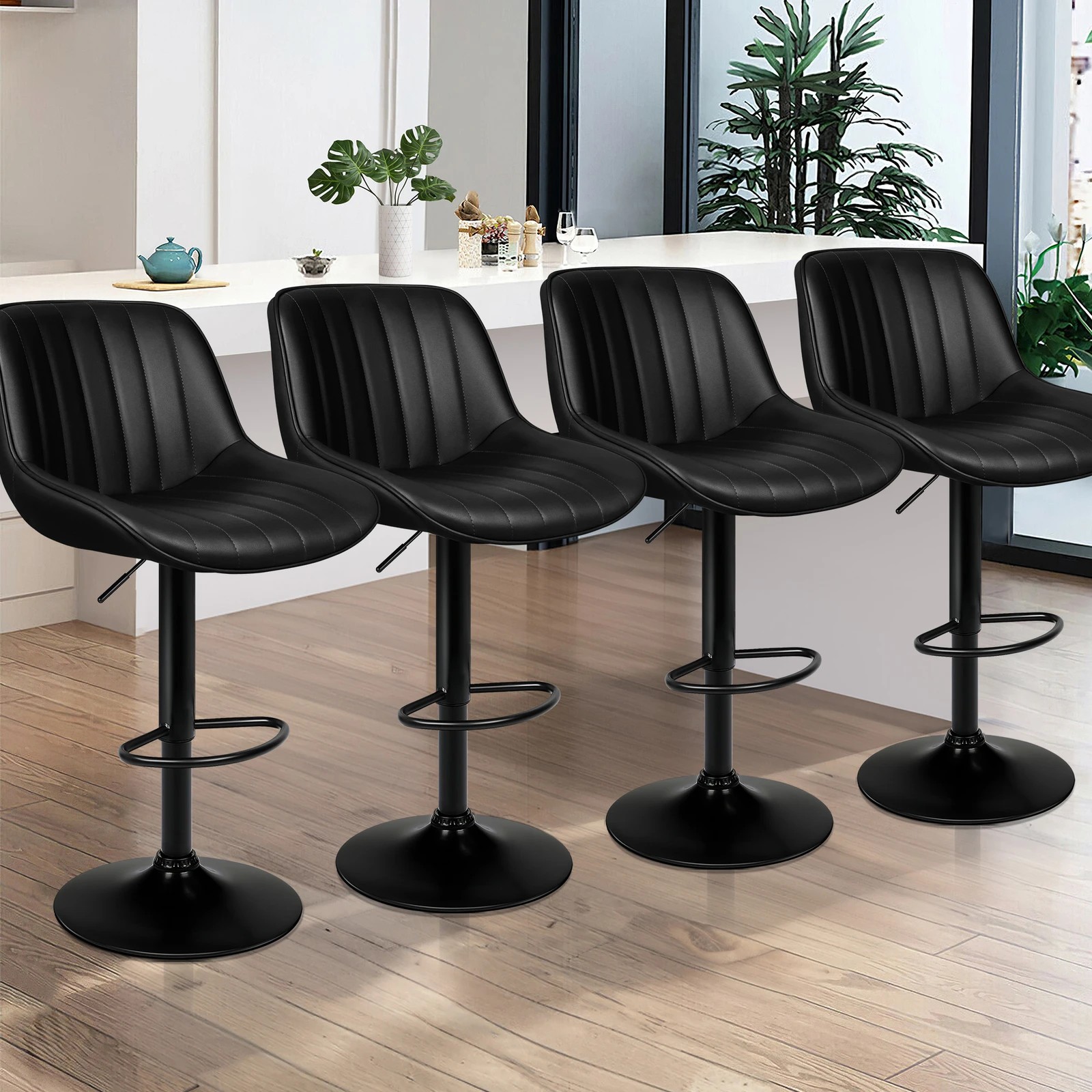 2 Alfordson 4x Bar Stools Gas Lift Leather Bar Chairs Kitchen Swivel - Black, 2 of 10