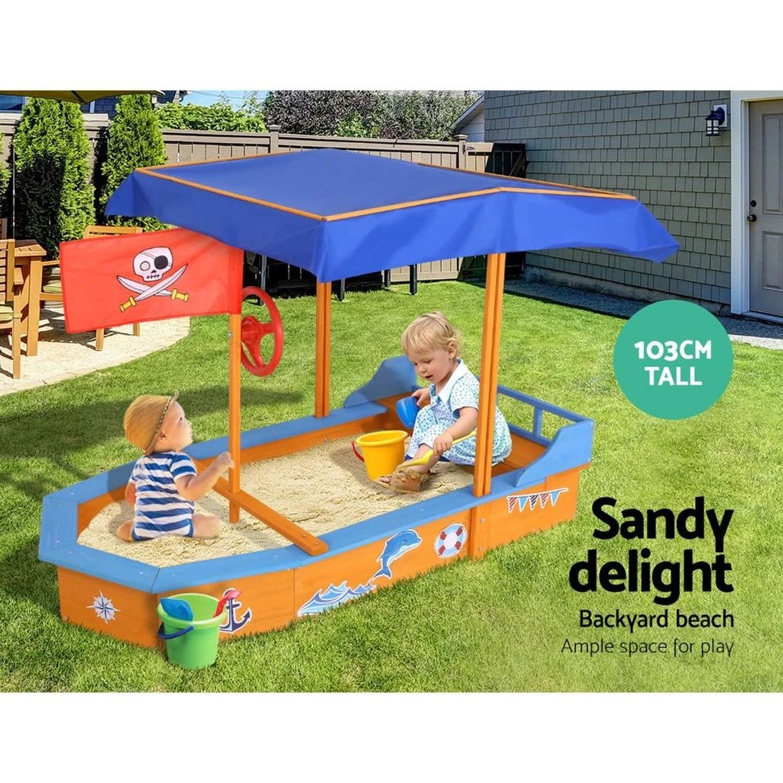 4 Keezi Kids Sandpit Wooden Boat Sand Pit with Canopy Bench Seat Beach Toys 150cm - Multi, 4 of 6