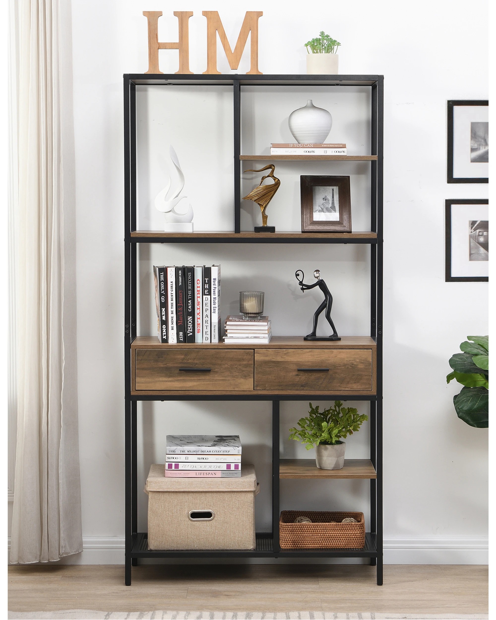 3 IHOMDEC 6 Tier Bookshelf with 2 Drawers, 180cm H, 3 of 5