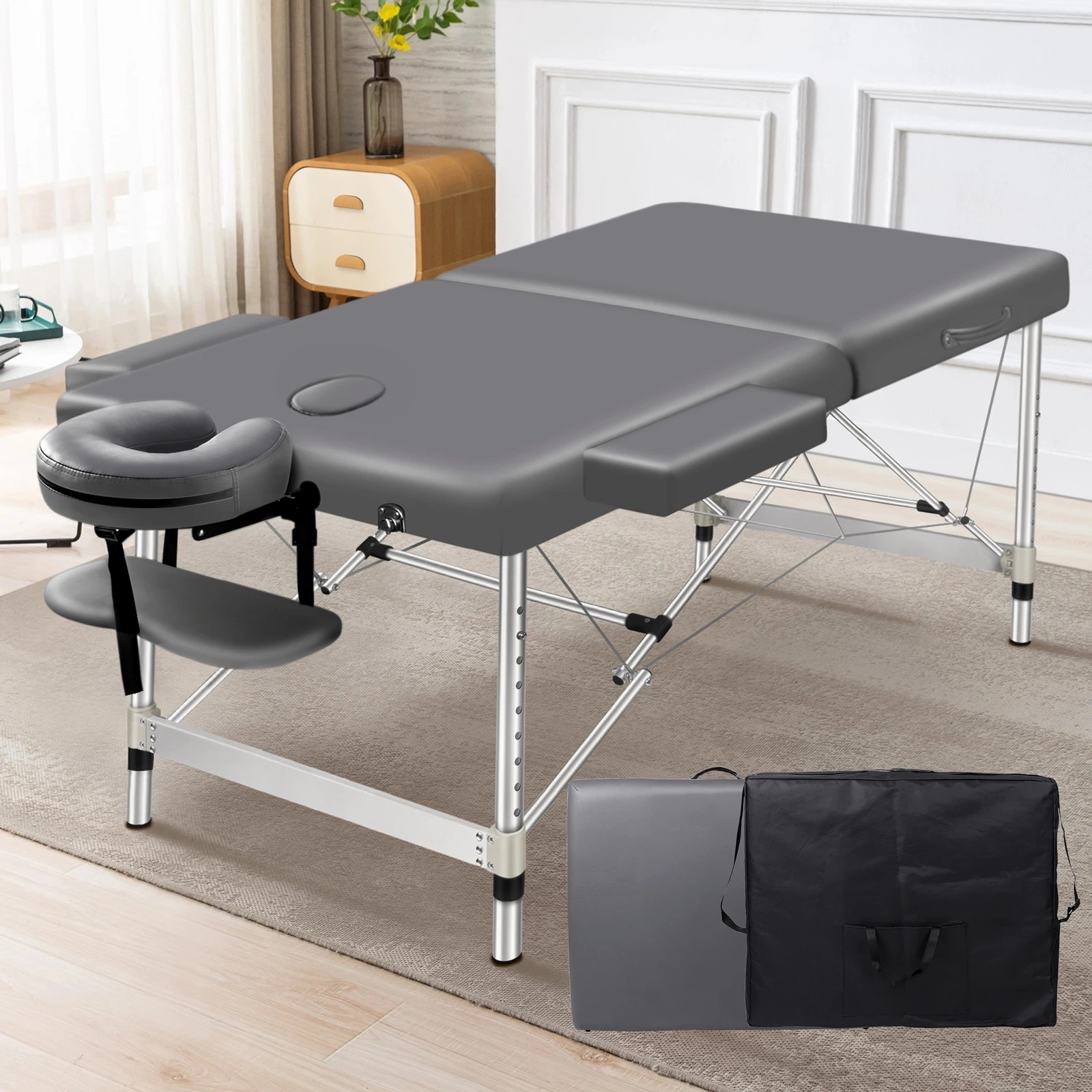 2 Alfordson Massage Table 2 Fold 55cm Foldable Portable Bed Desk Aluminium Lift Up - Grey, 2 of 4