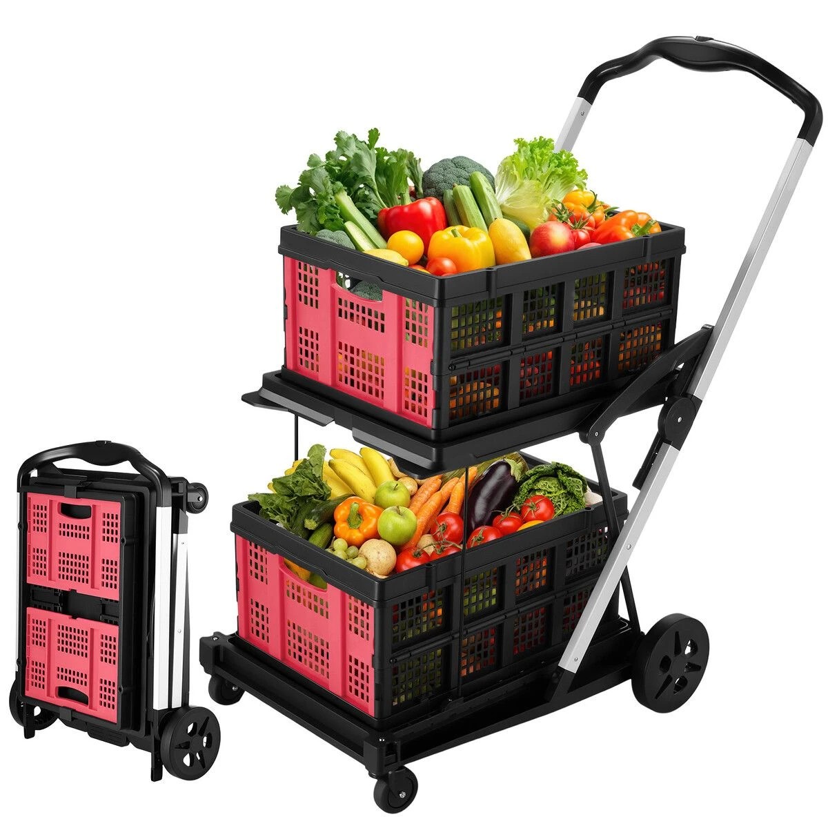 4 AUSWAY Folding Shopping Cart Trolley Hand Truck 2 Baskets Utility Luggage, 4 of 5