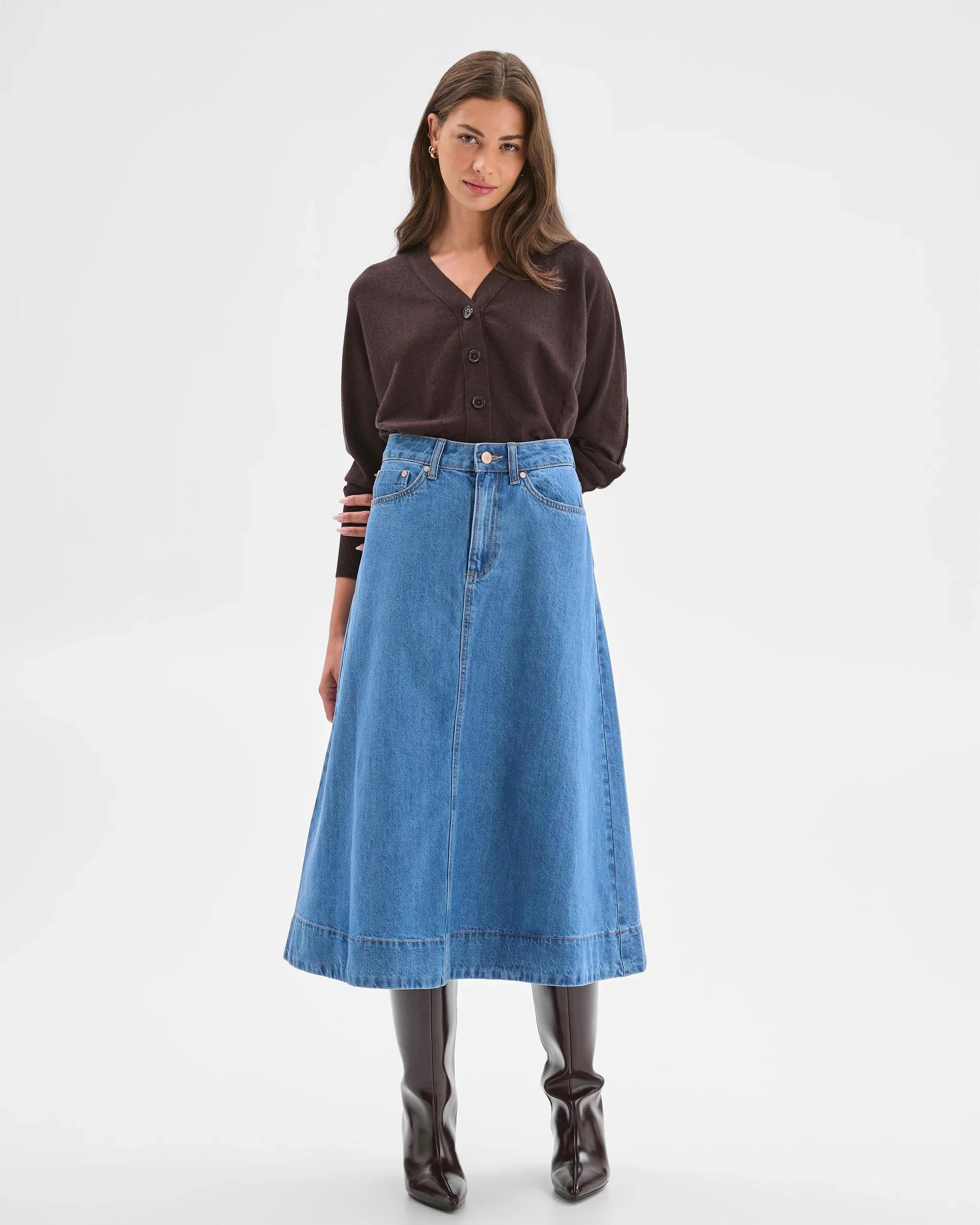 6 Target Petites Petites A-Line Midi Denim Skirt MID WASH, 6 of 8