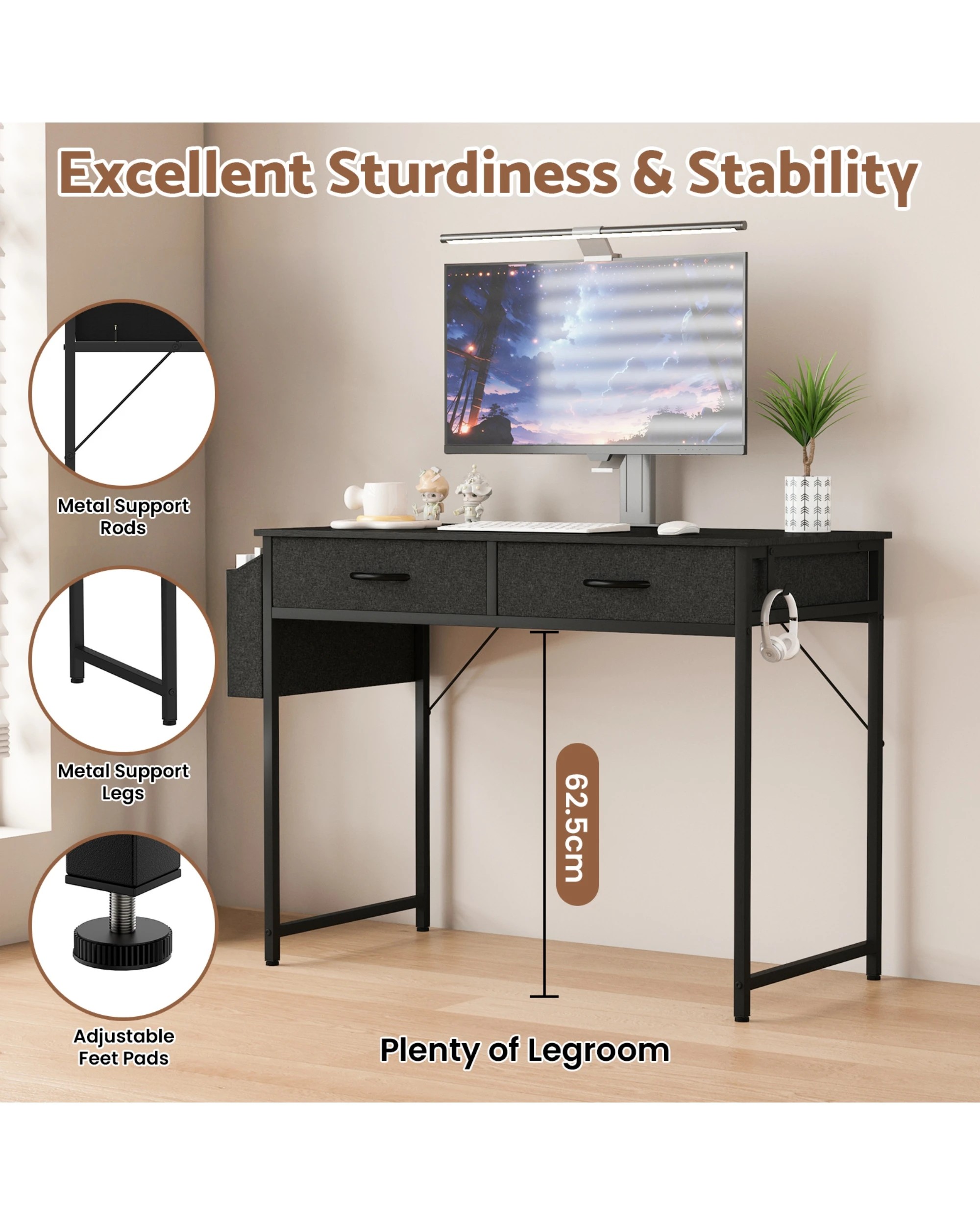 5 Advwin 100cm Small Desk With 2 Drawers And Storage Bag Makeup Vanity Desk Black, 5 of 9