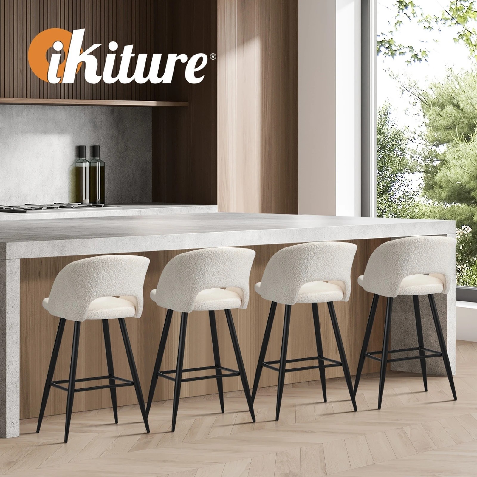 5 Oikiture 2x Bar Stools Kitchen Dining Chair Padded Chair Boucle Sura
 - White, 5 of 10