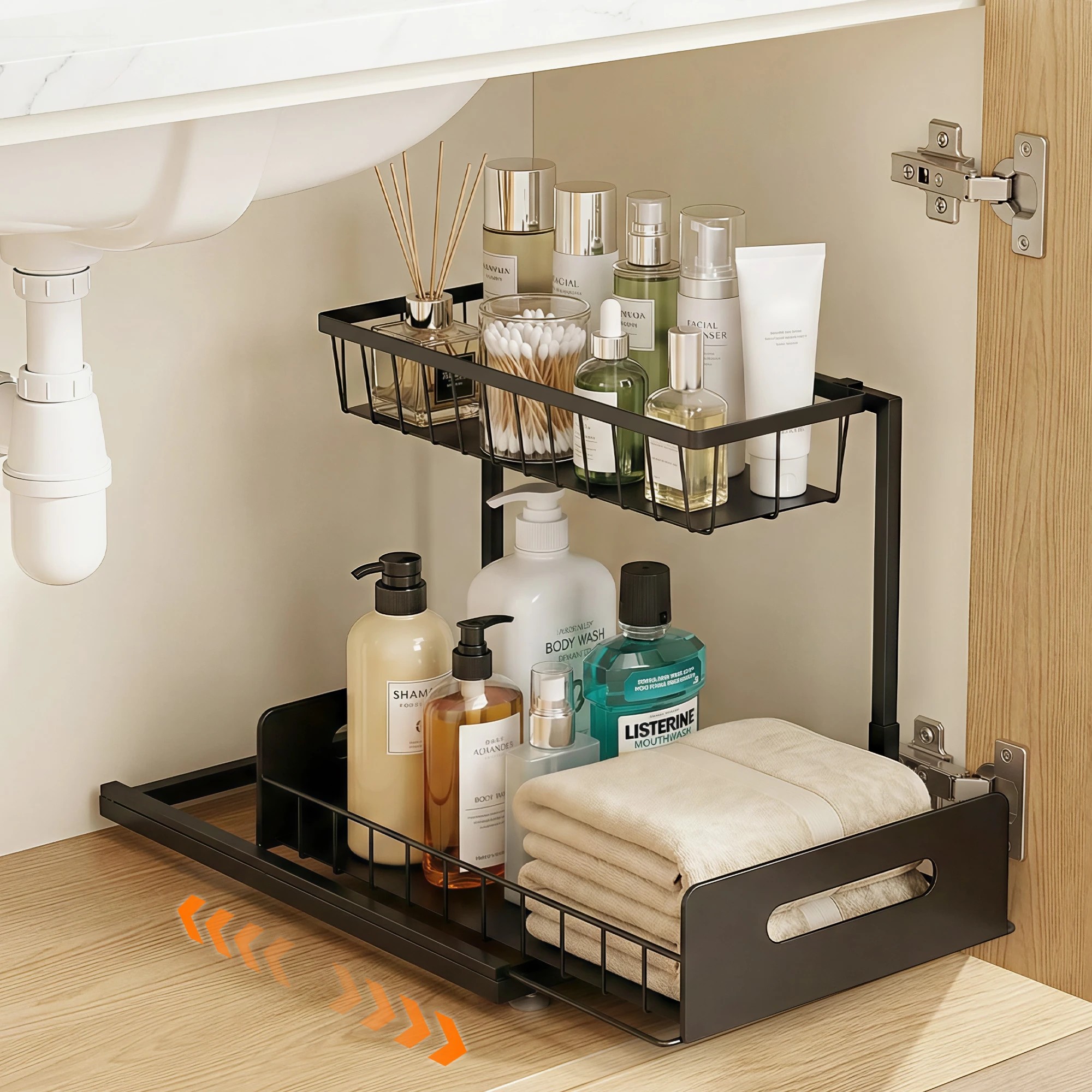 4 Artiss Under Sink Organizer Storage L Shape 1 Pull Out Drawers Kitchen Cabinet - Black, 4 of 4