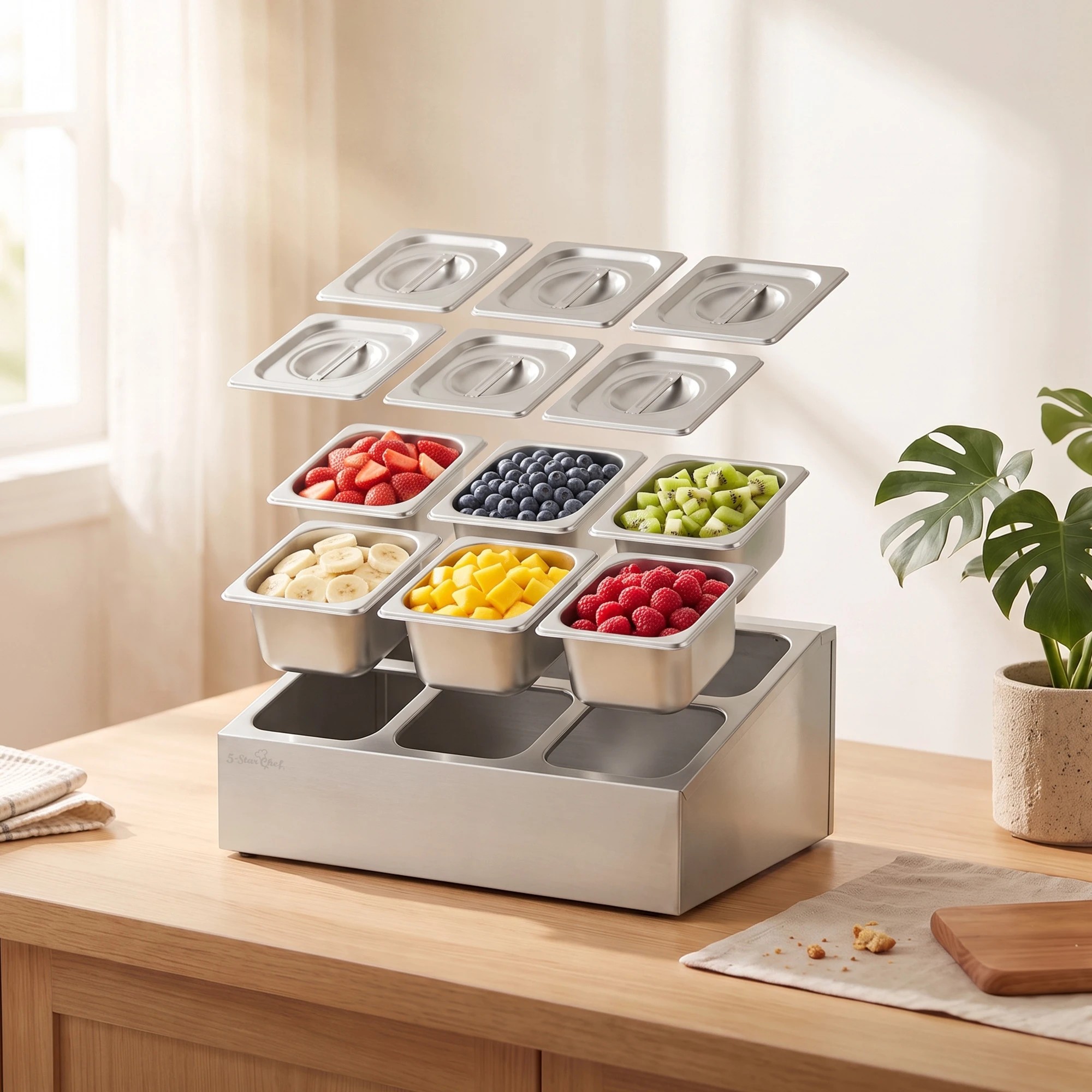 5 5-Star Chef 6 Pan Food Serving Display Station Stainless Steel with Lids - Silver, 5 of 8