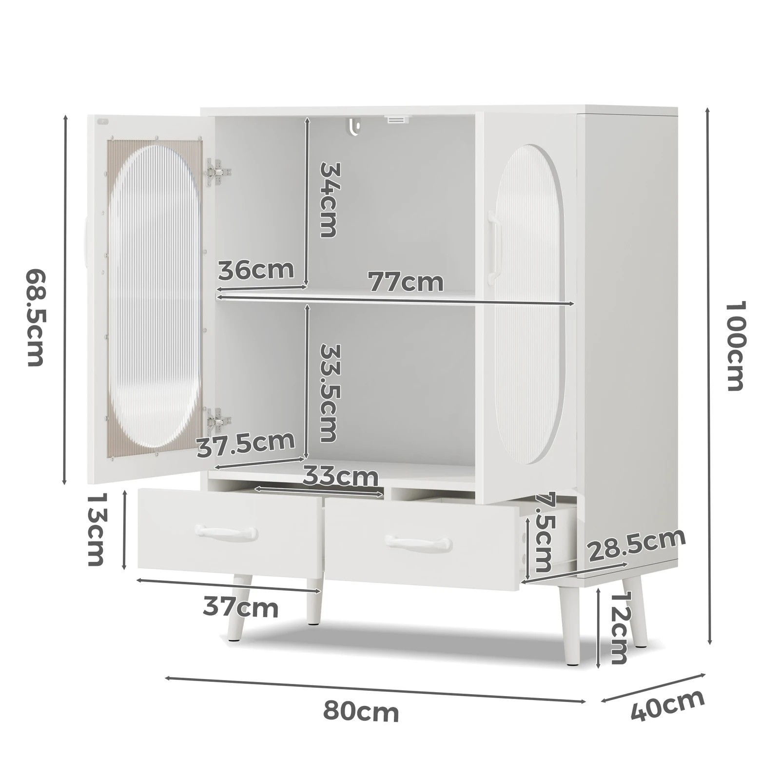 8 Alfordson Buffet Sideboard 2 Doors Storage Cabinet Drawers Fluted Cupboard - White, 8 of 9