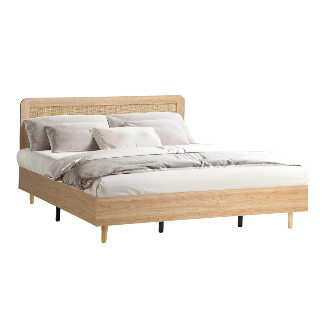1 Oikiture King Bed Wooden Bed Frame With Rattan Headboard
 - Natural, 1 of 10