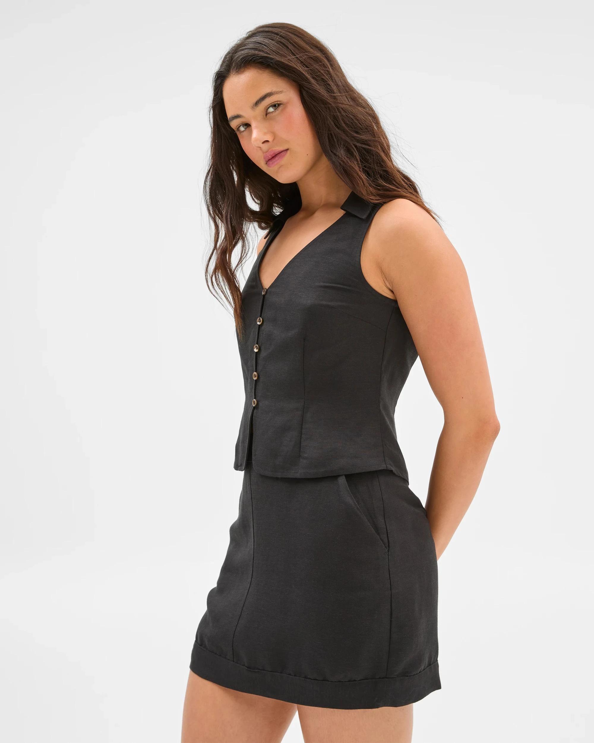 3 European Linen Blend Vest Top - Lily Loves BLACK, 3 of 7