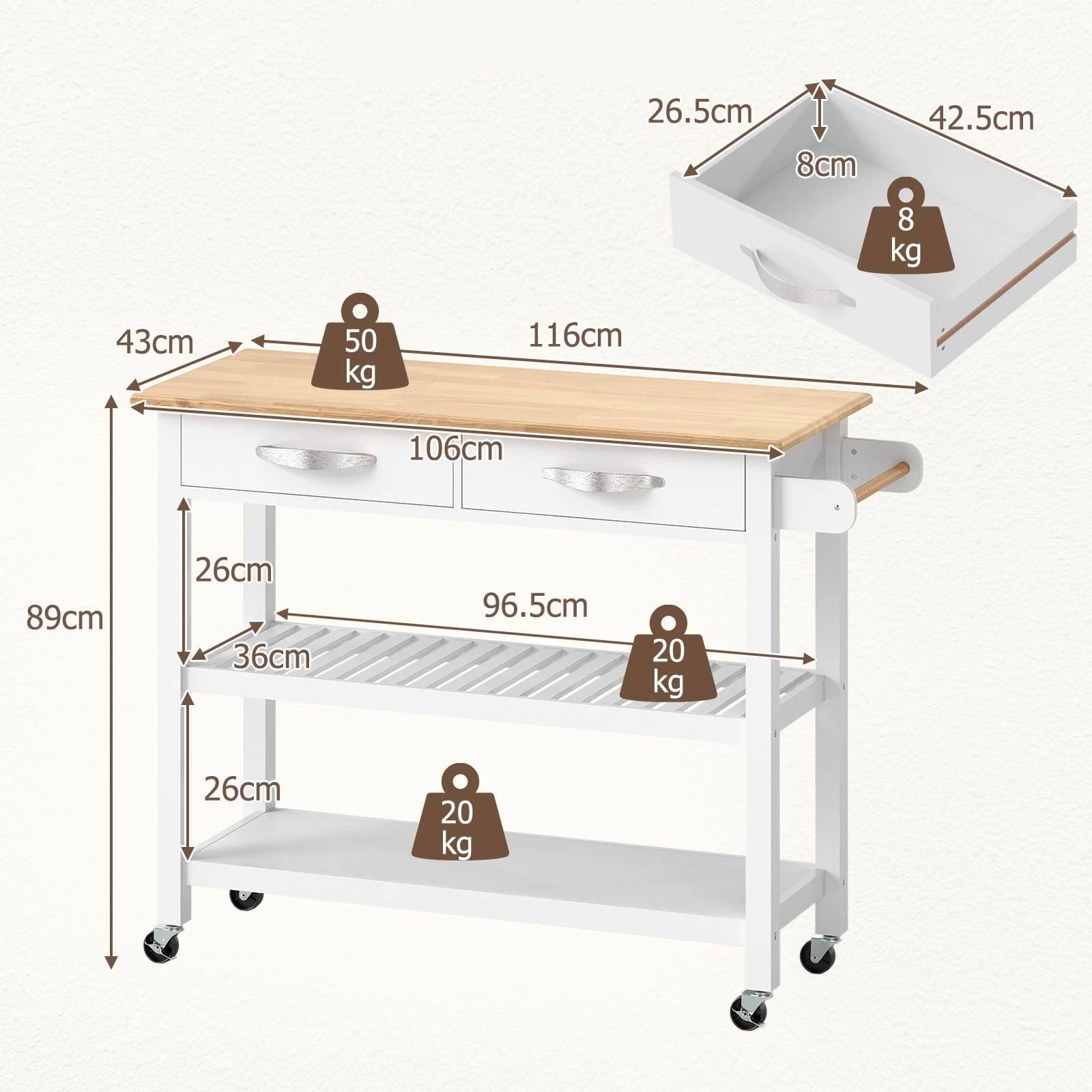 2 Costway Kitchen Island 3-Tier Rolling Utility Cart Wood Serving Trolley - White, 2 of 3