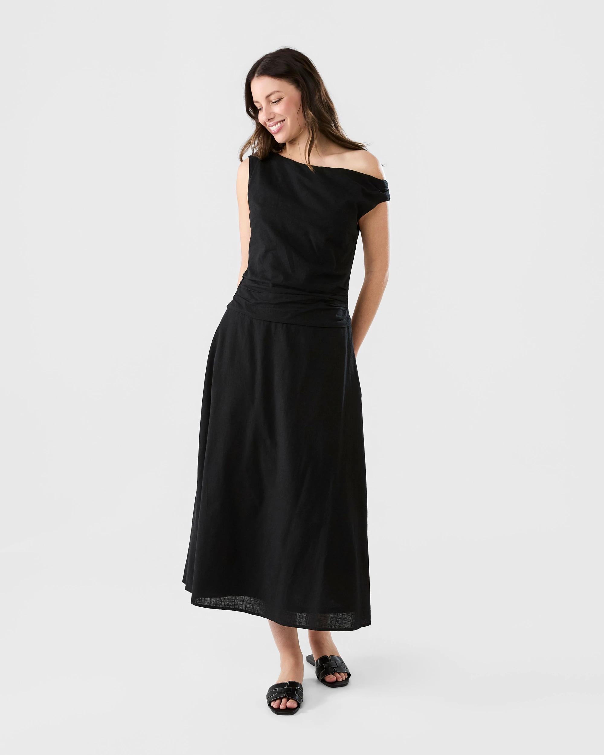 1 Sleeveless Asymmetrical Off Shoulder Midi Dress Black, 1 of 5