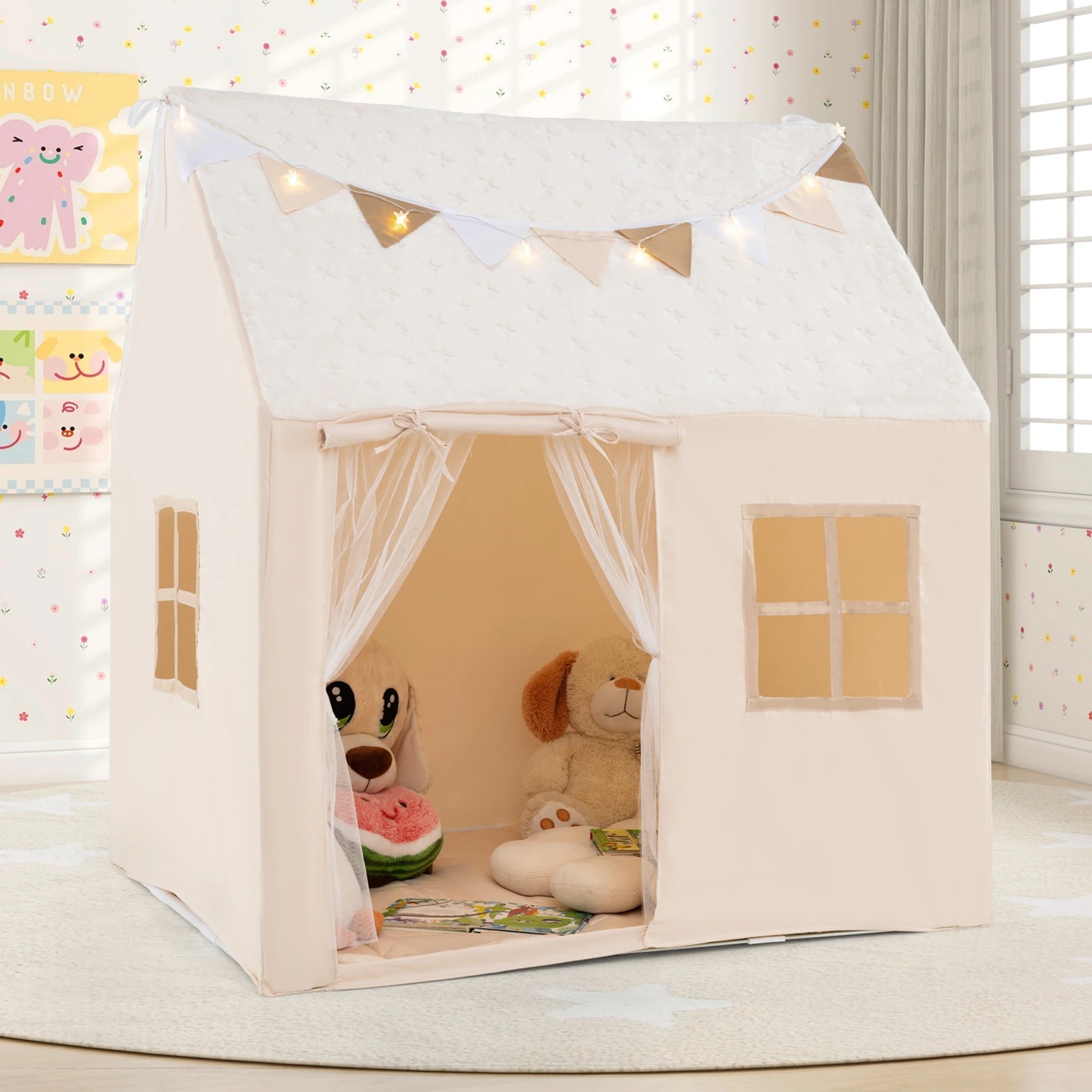 3 Costway Play Tent Large Playhouse w/Star Lights & Padded Mat - Beige, 3 of 3