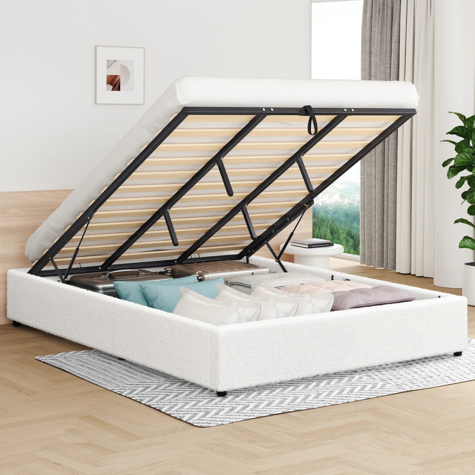 2 Alfordson Bed Frame King Size Gas Lift Storage Mattress Base Boucle Barlow - White, 2 of 10