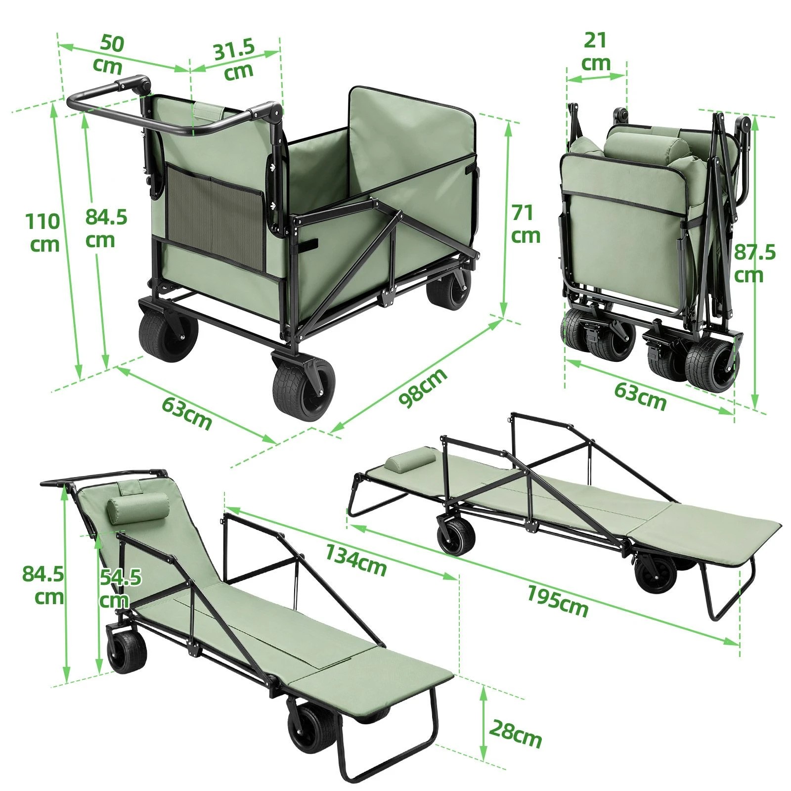 3 Ausway 3 in 1 Folding Wagon Cart Convertible Trolley Lounge Chair Bed for Camping Beach 200kg Capacity, 3 of 6