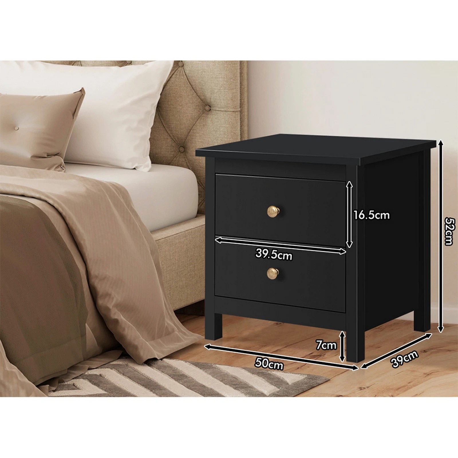 7 Alfordson Bedside Table Hamptons Nightstand Storage Side End 2 Drawers - Black, 7 of 10