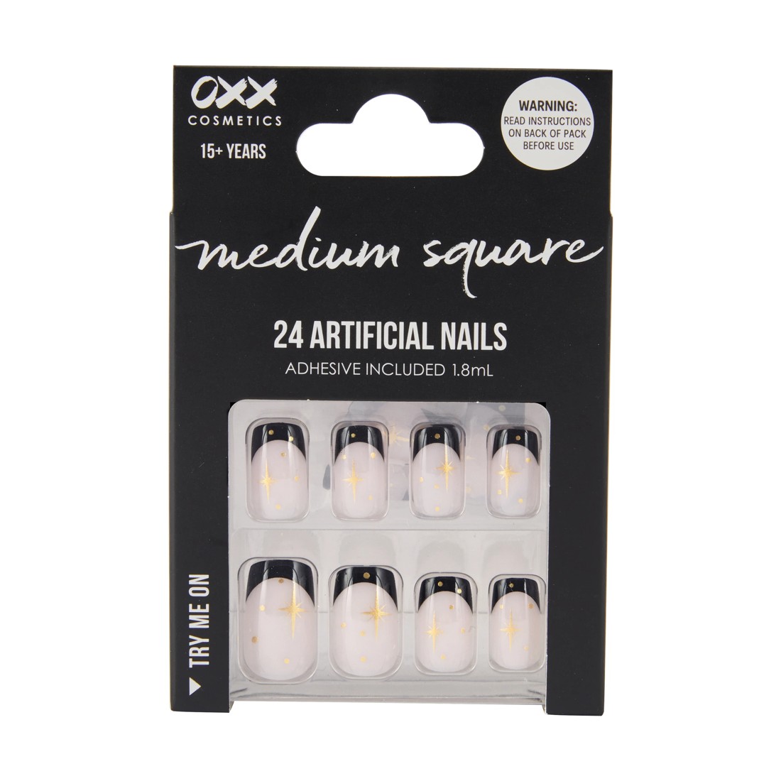 1 OXX Cosmetics 24 Pack Artificial Nails with Adhesive - Medium Square Shape, Black French Tip with Stars, 1 of 4