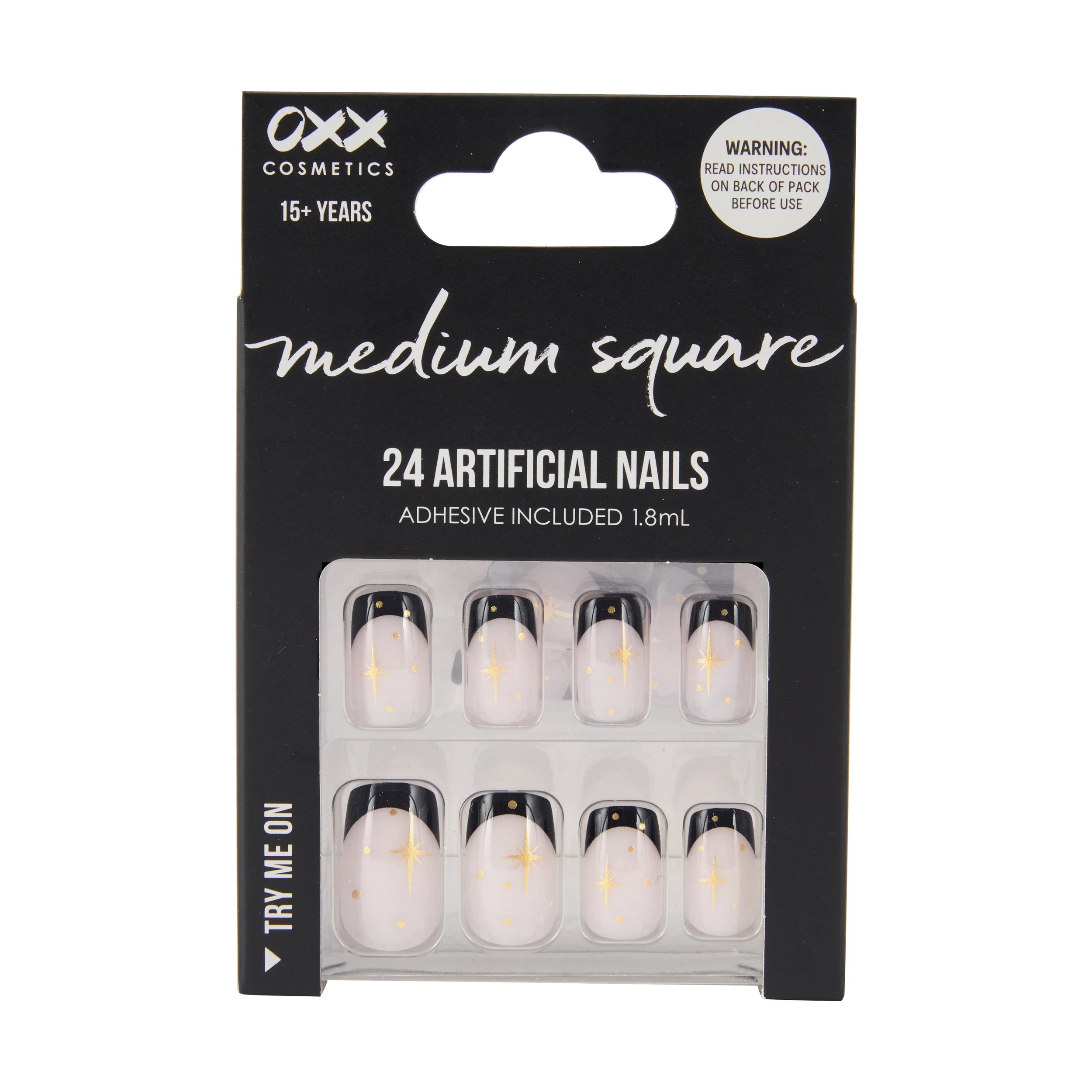 1 OXX Cosmetics 24 Pack Artificial Nails with Adhesive - Medium Square Shape, Black French Tip with Stars, 1 of 4