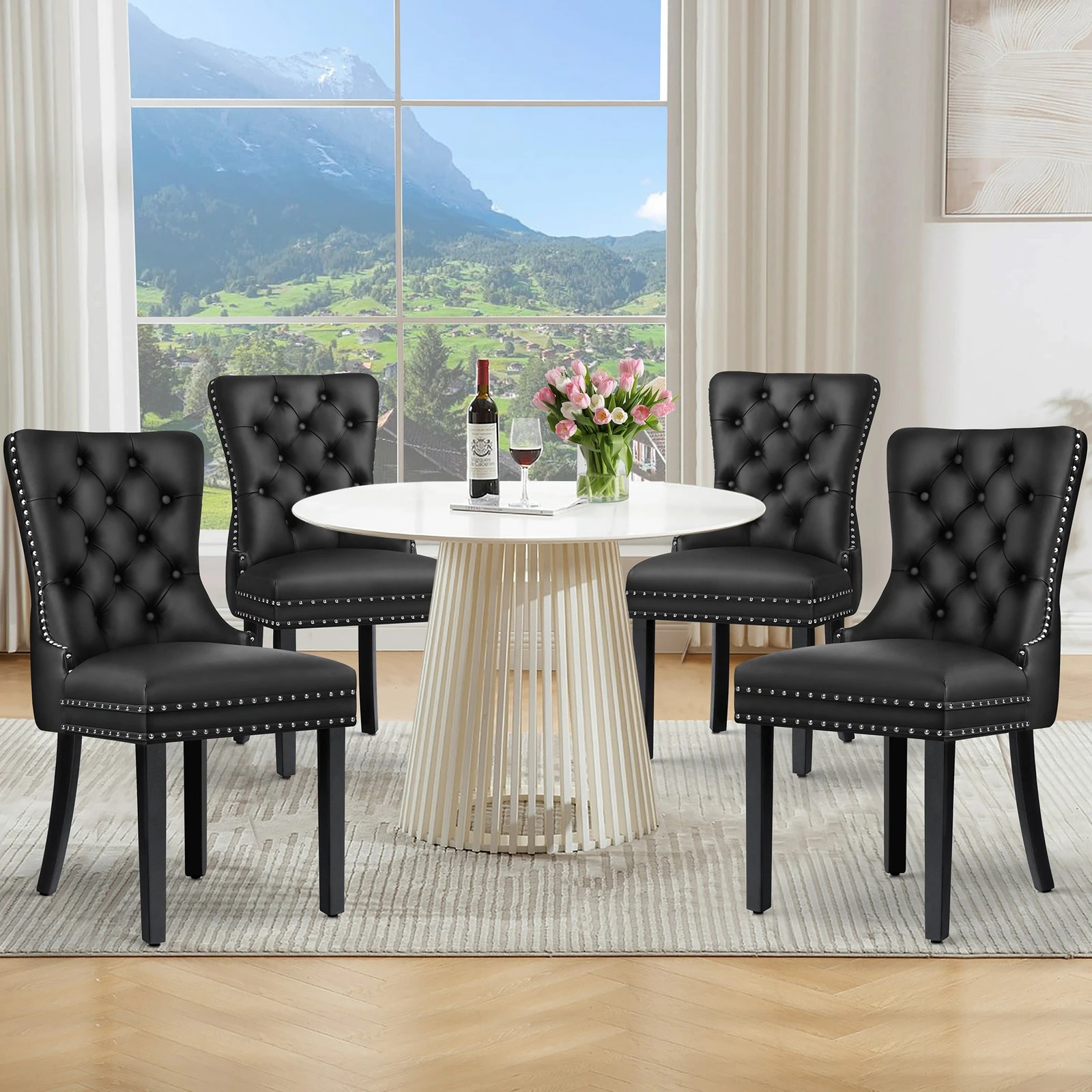 2 Alfordson 4x Dining Chairs Kitchen Lounge Retro Button Tufted PU Leather - Black, 2 of 10