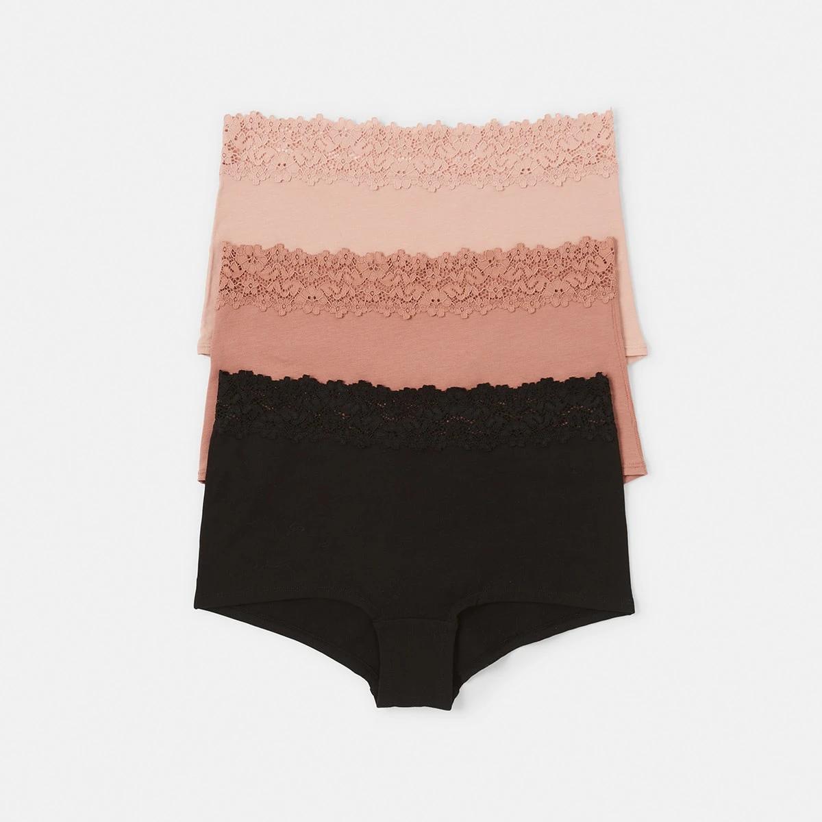 1 3 Pack Cotton Lace Boyleg Briefs Bk Sc Lf, 1 of 8