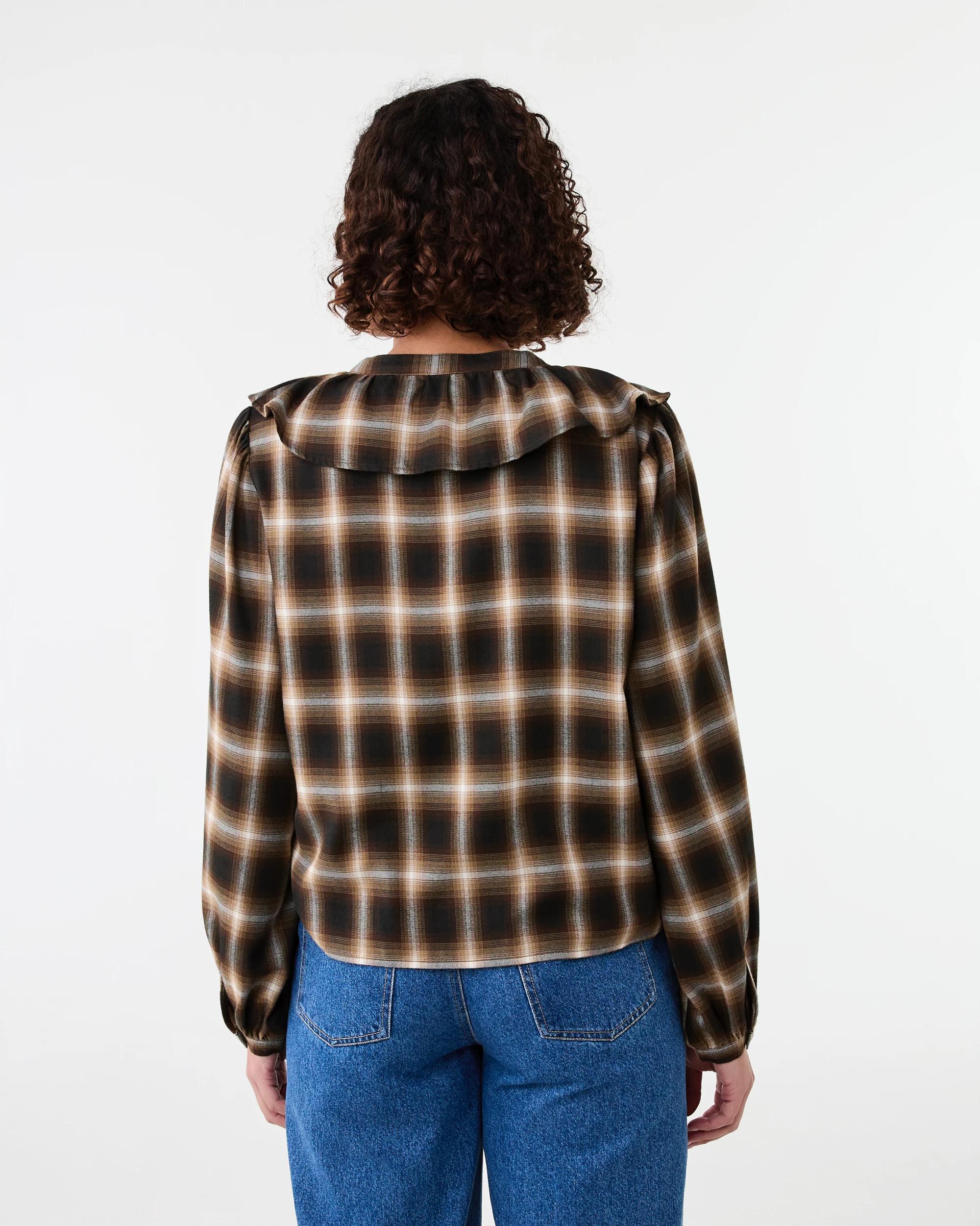 3 Long Sleeve Frill Button Through Top Brwn Check, 3 of 7