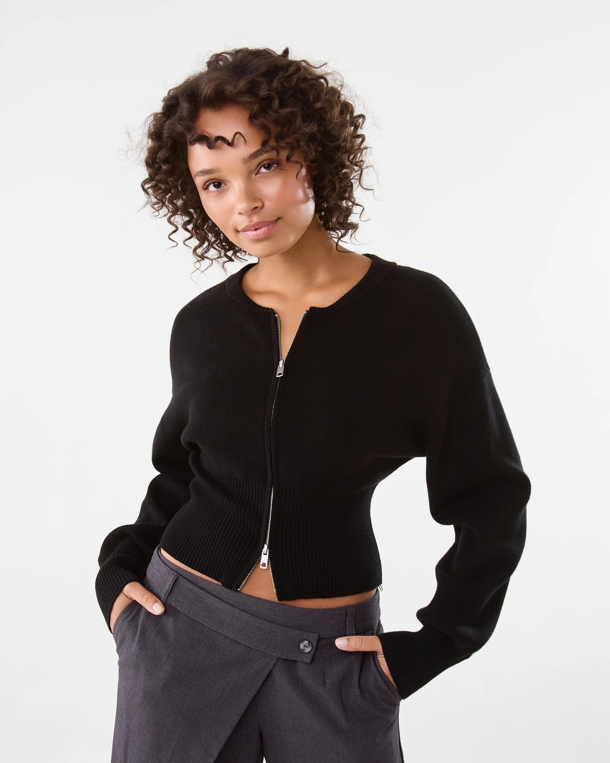 1 Zip Front Knit Cardigan Black, 1 of 8