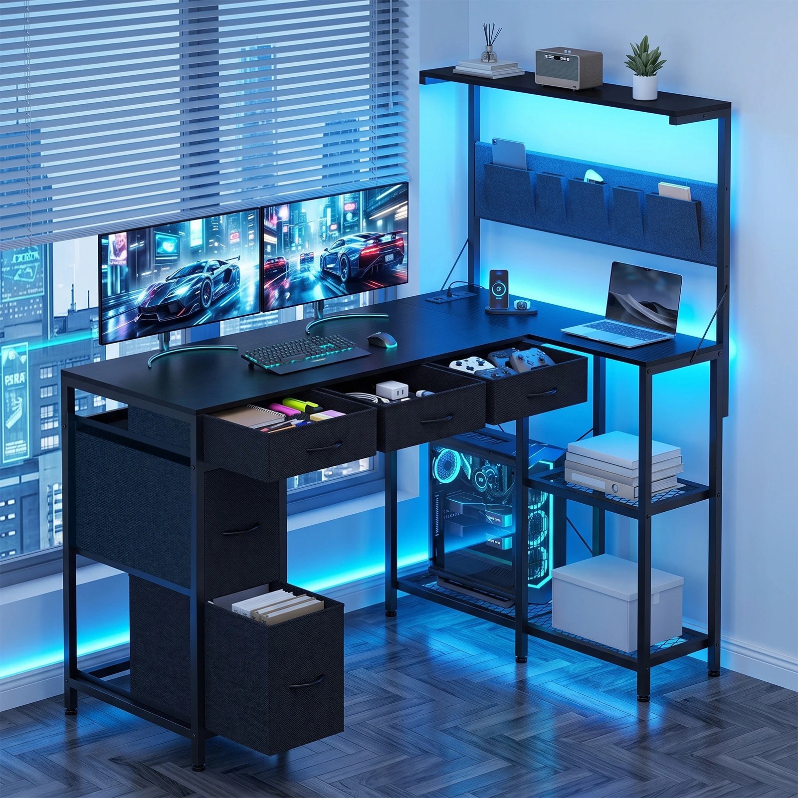 2 Advwin Gaming Desk with Power Outlets Reversible Corner Computer Desk with Storage Shelf Fabric Drawer and Bag - Black, 2 of 6