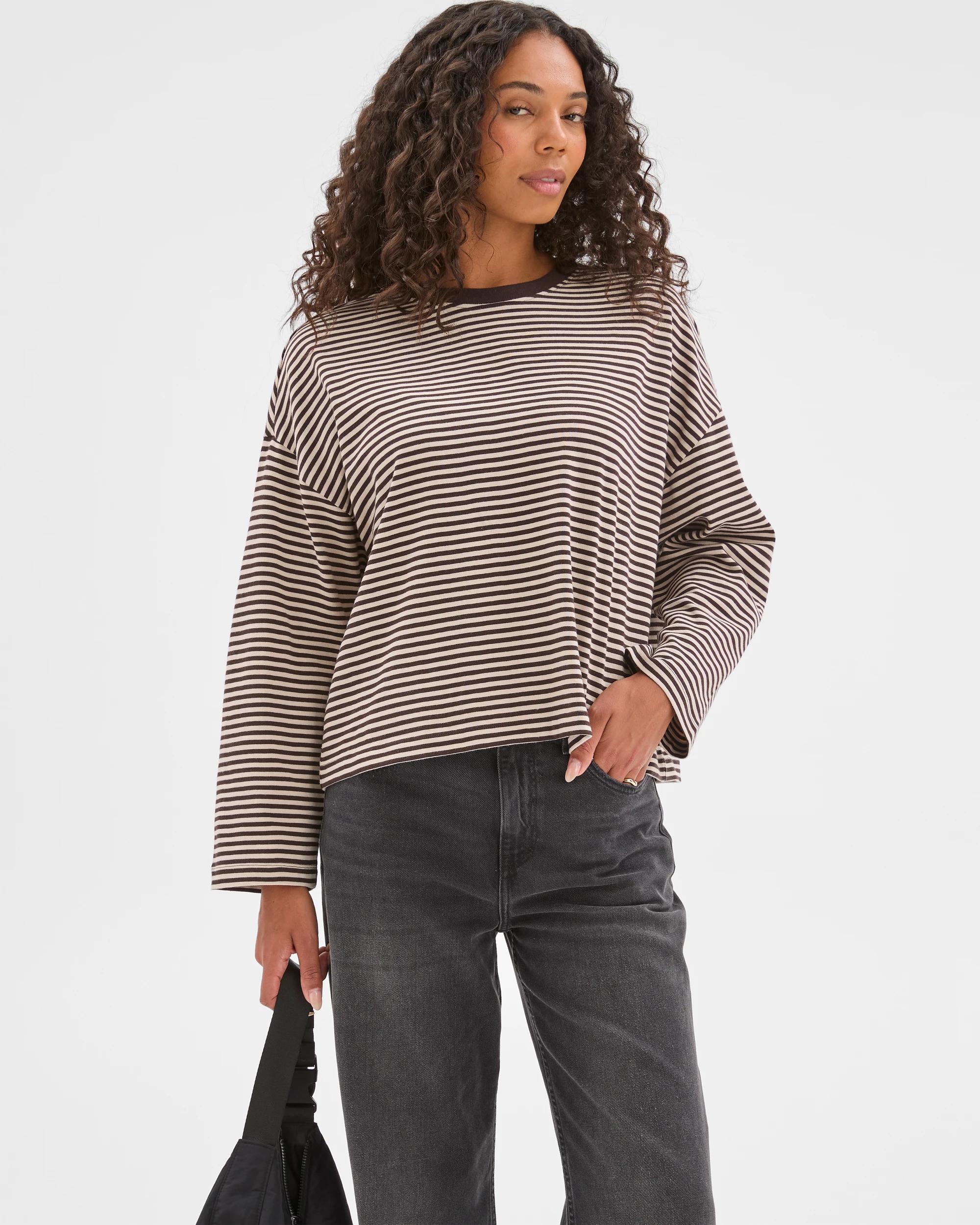 4 Target Woman Australian Cotton Long Sleeve Heavyweight Oversized T-Shirt BRUNETTE/BIRCH STRIPE, 4 of 7