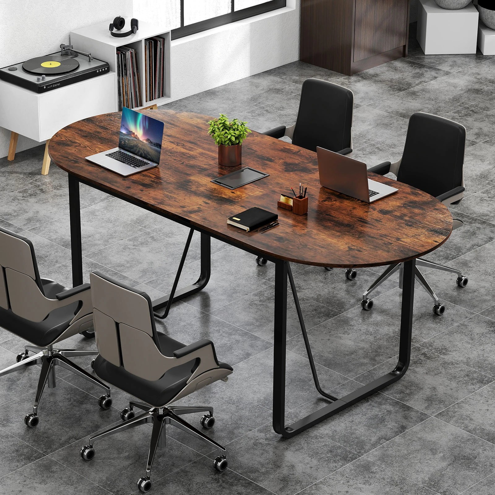 2 Costway 180cm Conference Table Oval Meeting Table for 10 People w/Cable Management, 2 of 5