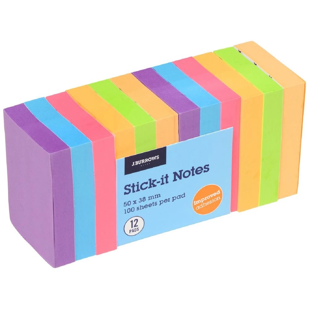 1 J.Burrows Stick-It Notes 38x50mm Neon 12 Pack, 1 of 4